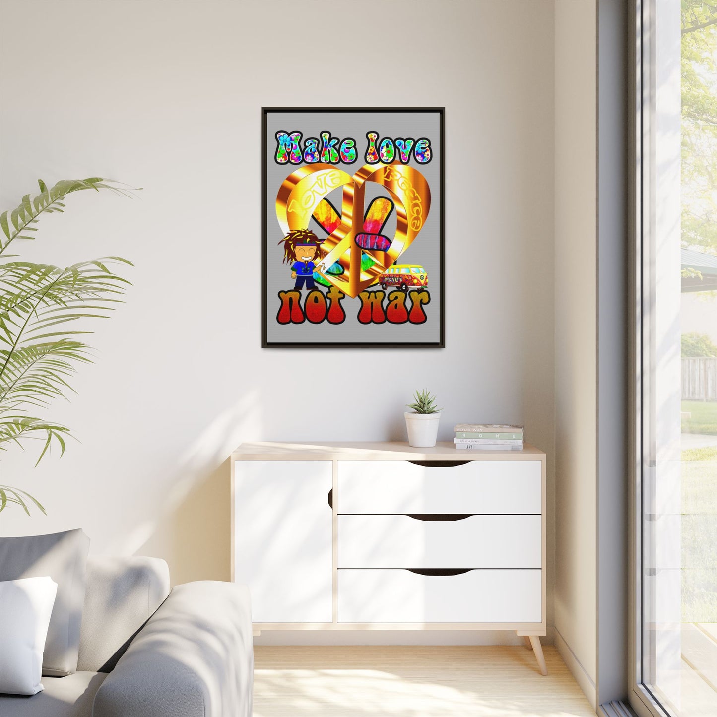 love peace - framed canvas art (light grey)