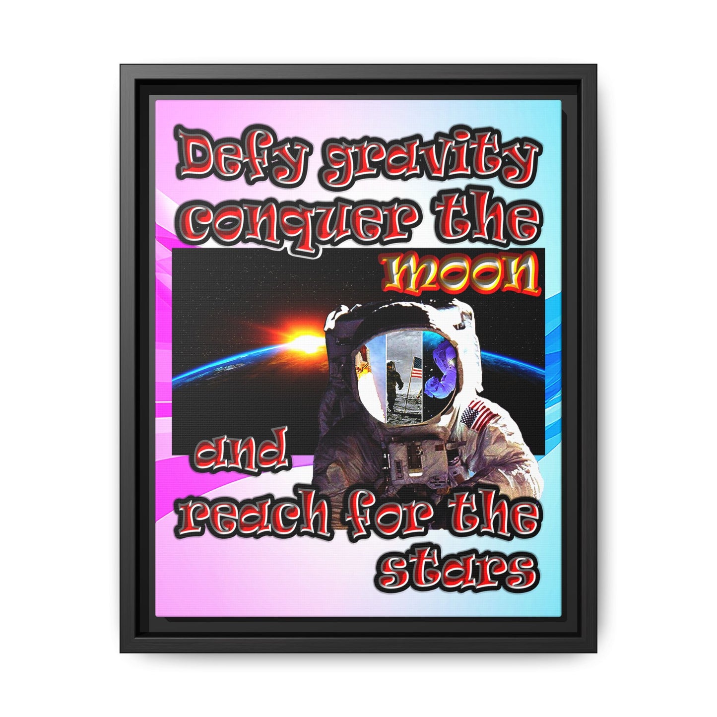 defy conquer reach - framed canvas art (light blue-pink wave)
