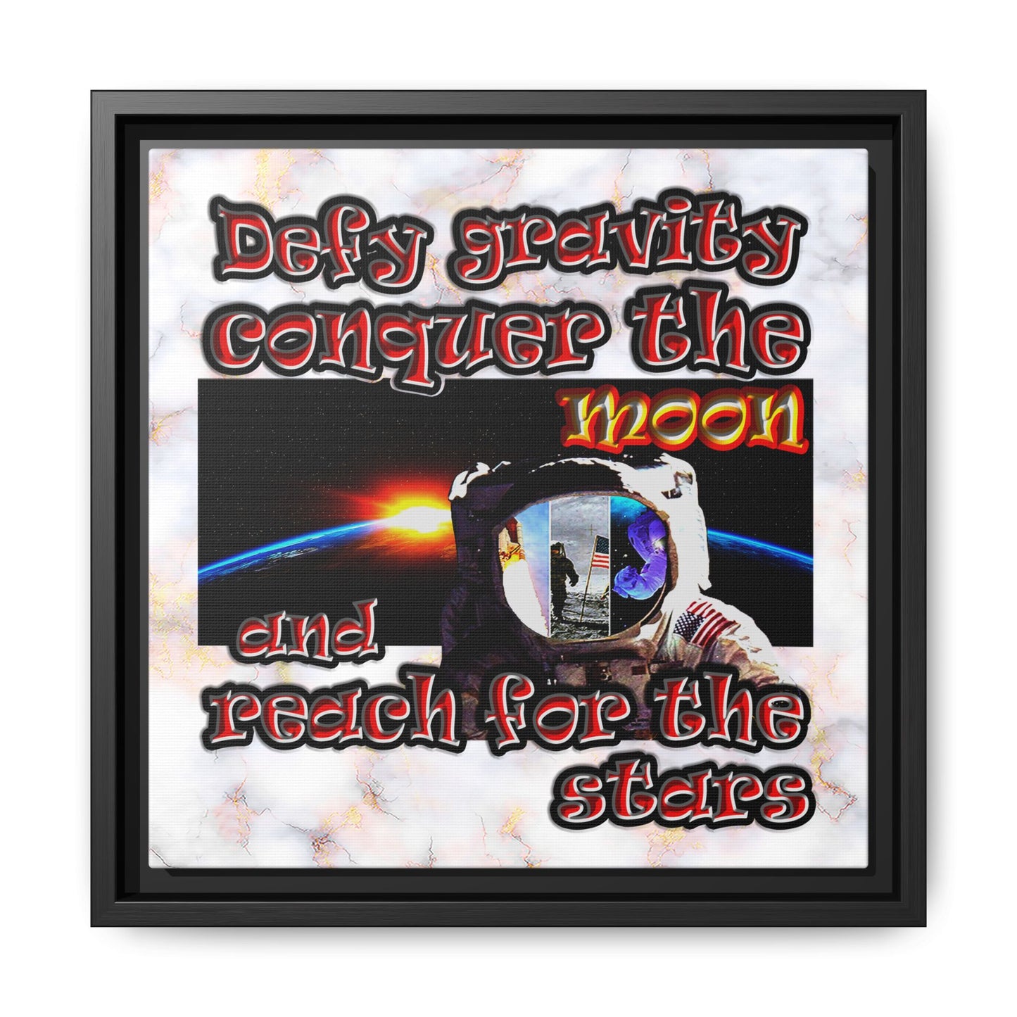 defy conquer reach - framed canvas art (white marble)