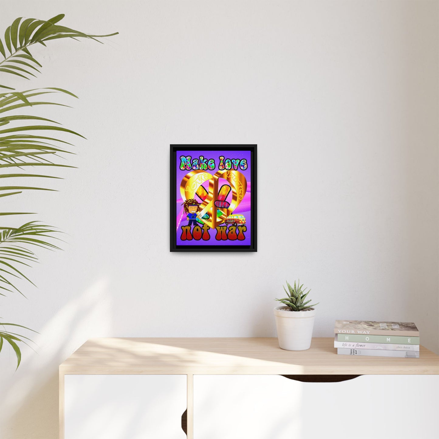love peace - framed canvas art (purple-pink wave)
