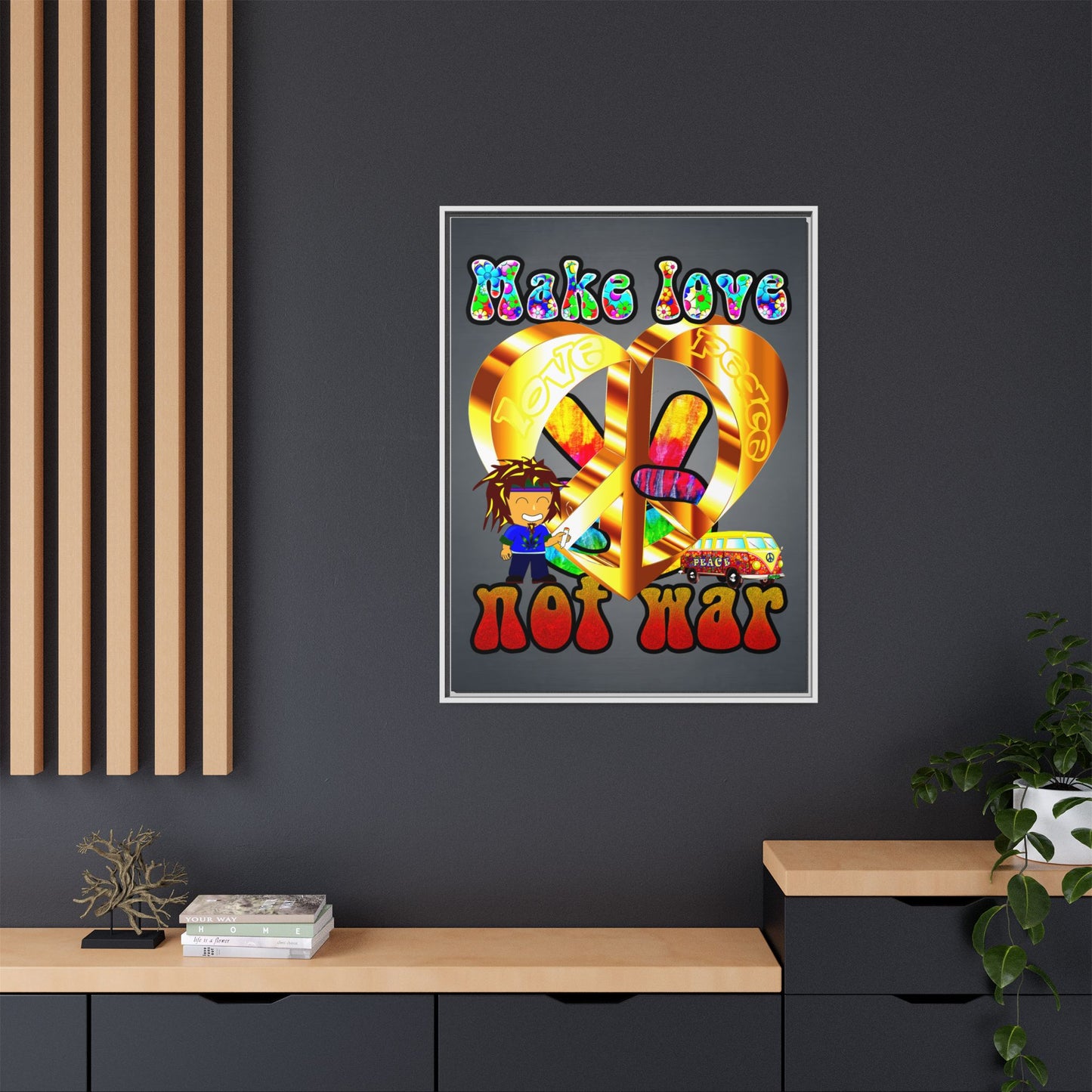 love peace - framed canvas art (grey-light grey)
