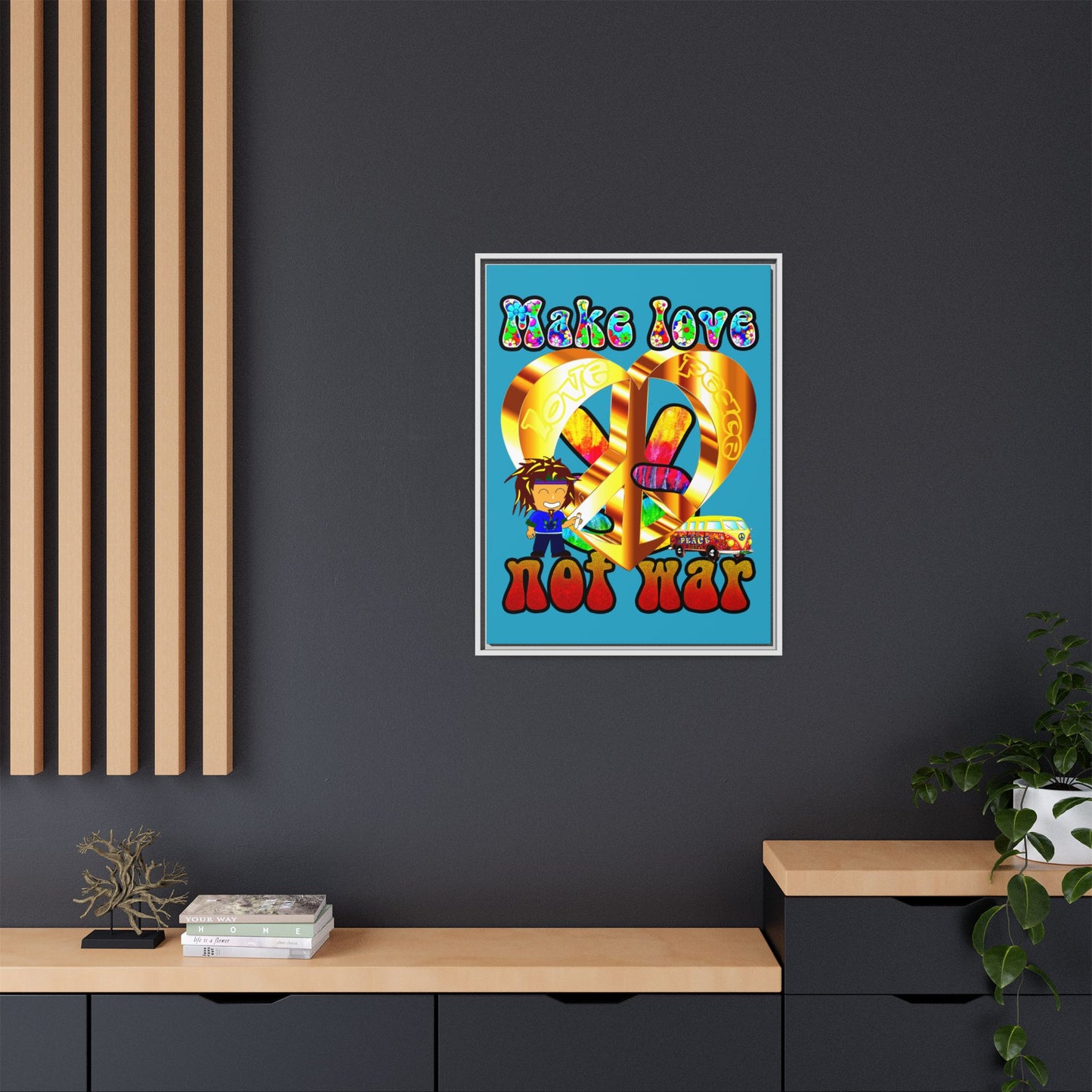 love peace - framed canvas art (turquoise)