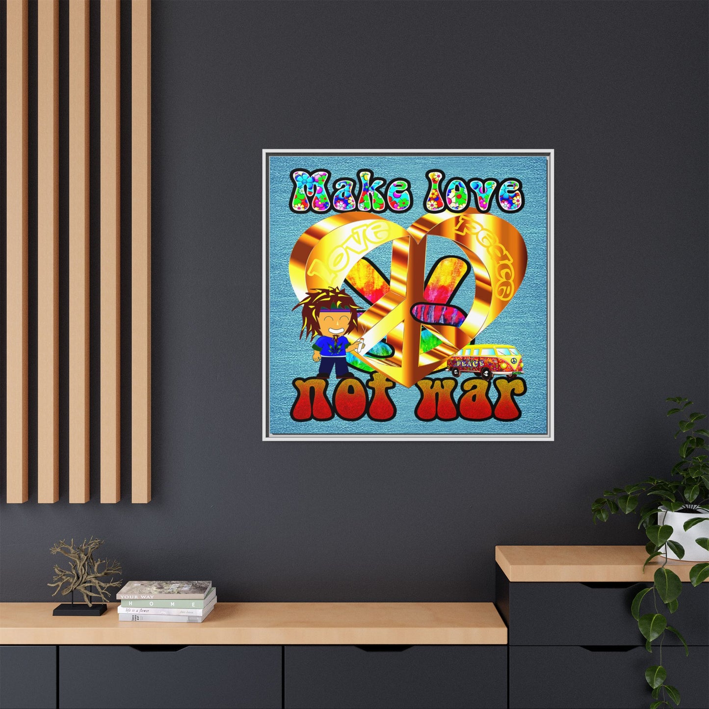love peace - framed canvas art (faded blue)