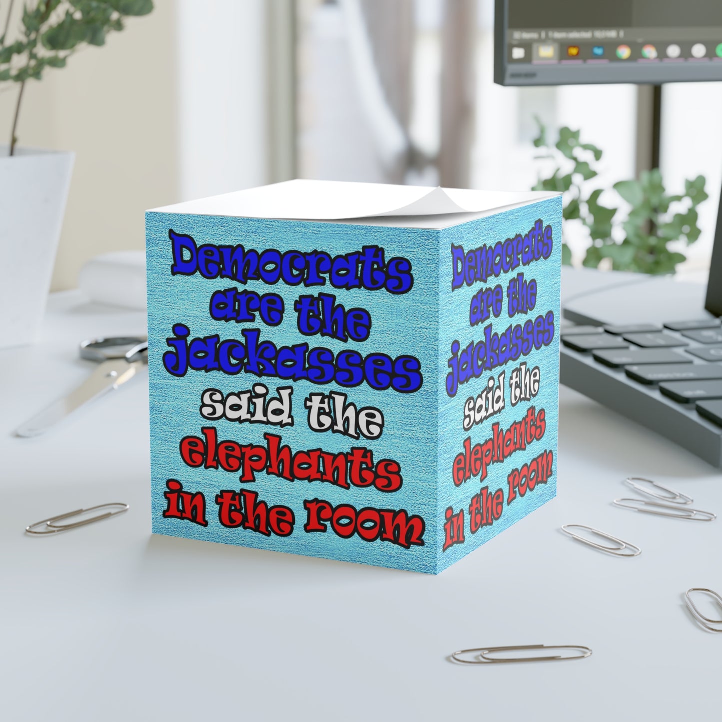 donkeys and elephants - note cube (faded blue)