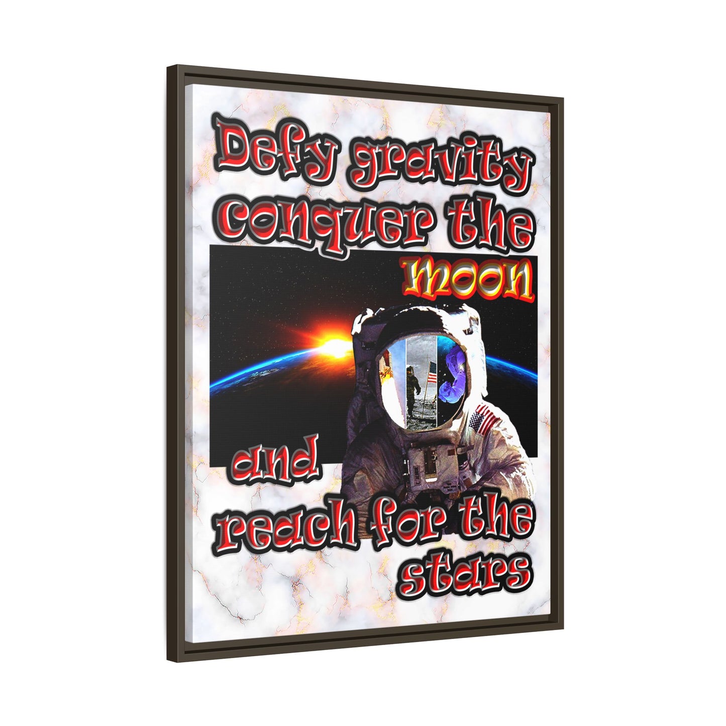 defy conquer reach - framed canvas art (white marble)