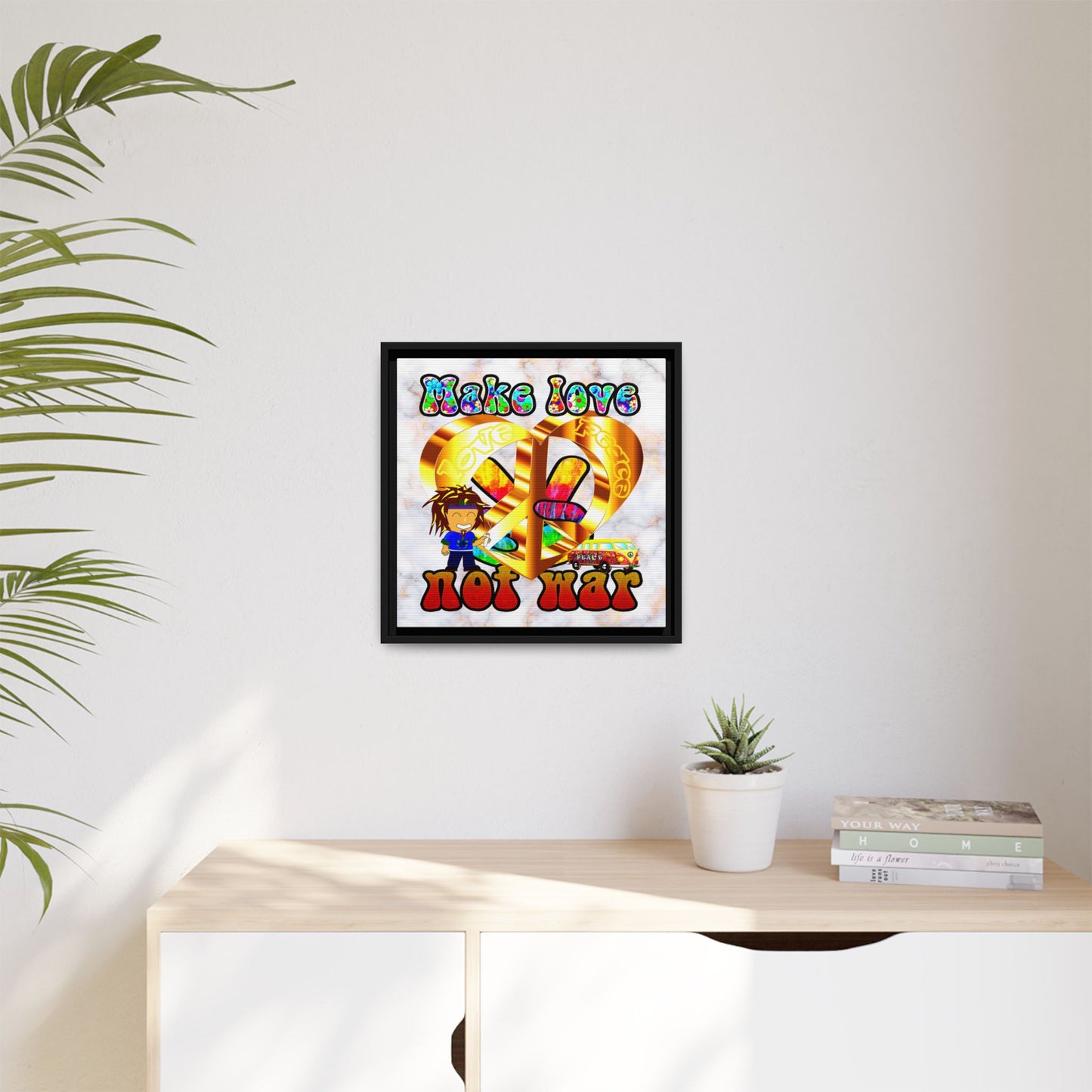 love peace - framed canvas art (white marble)