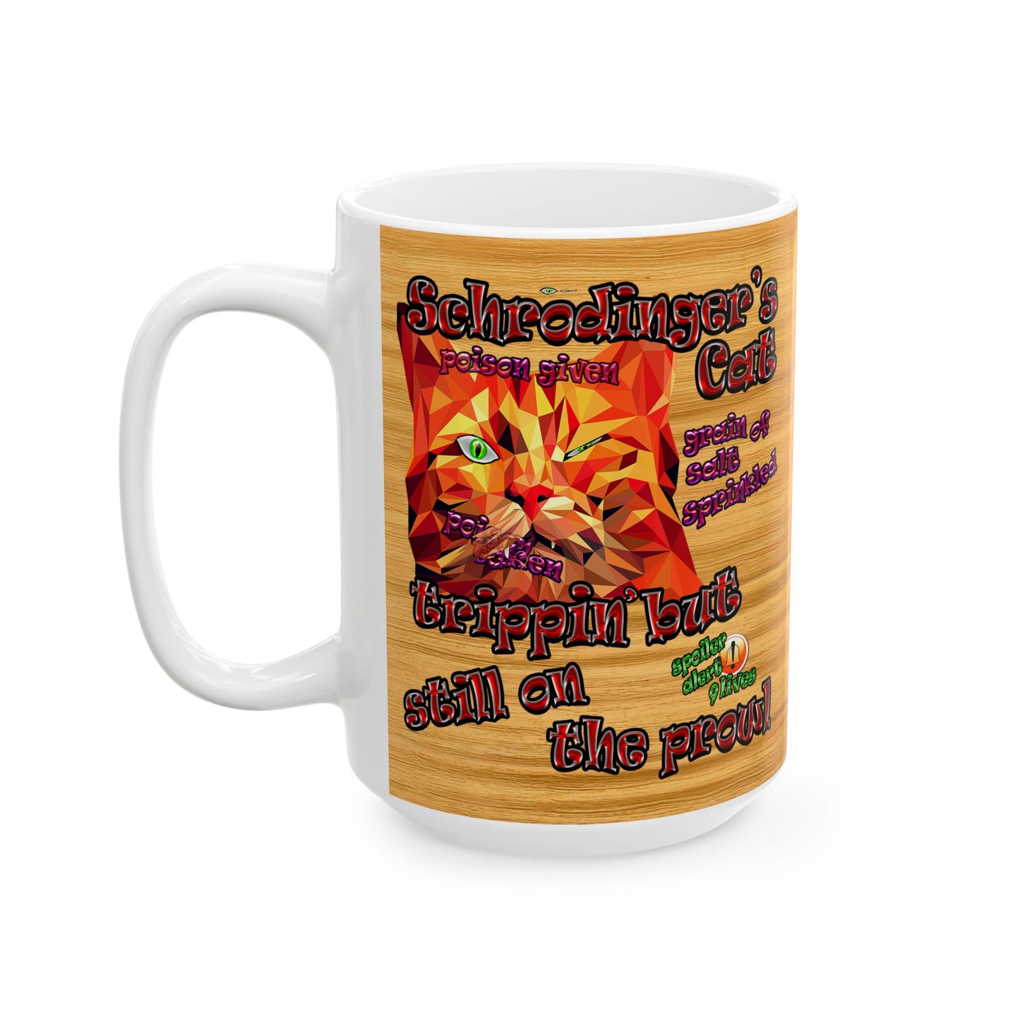 schrodinger's cat - White Mug (butterscotch wood finish)