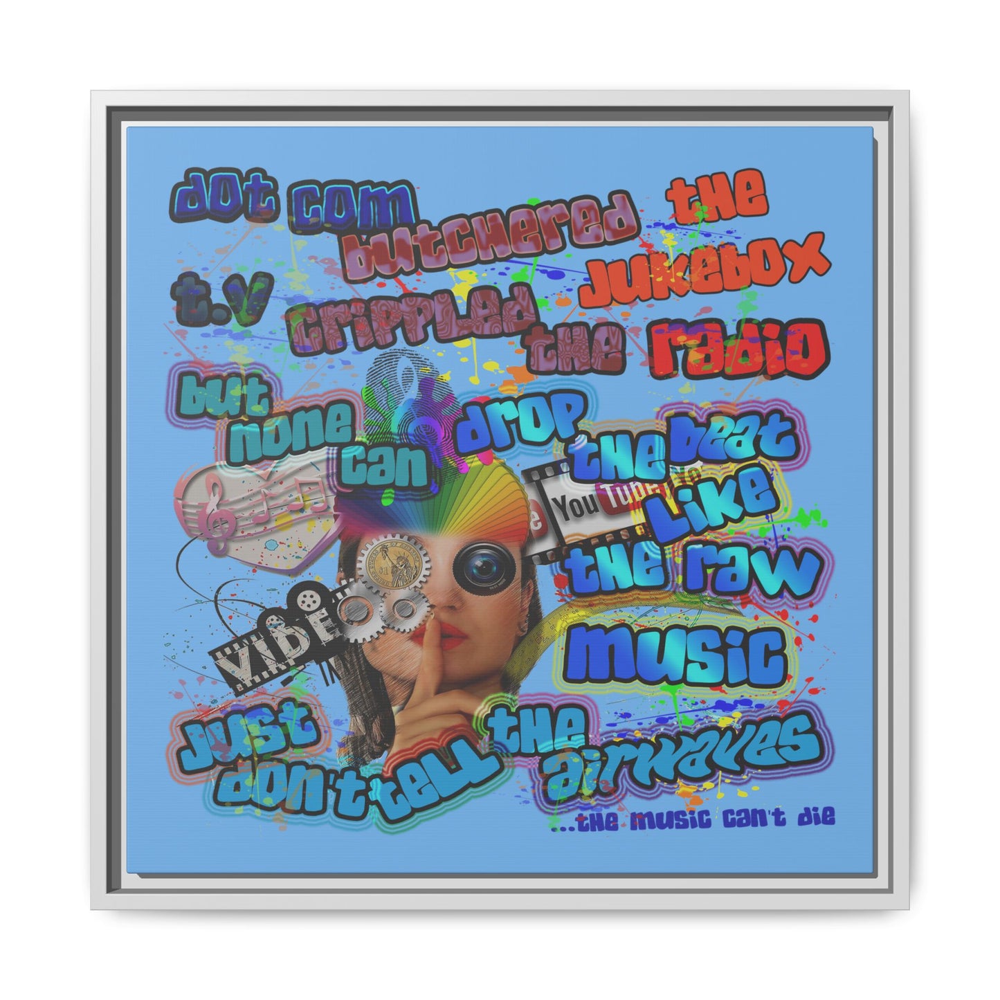 drop the beat - framed canvas art (light blue)