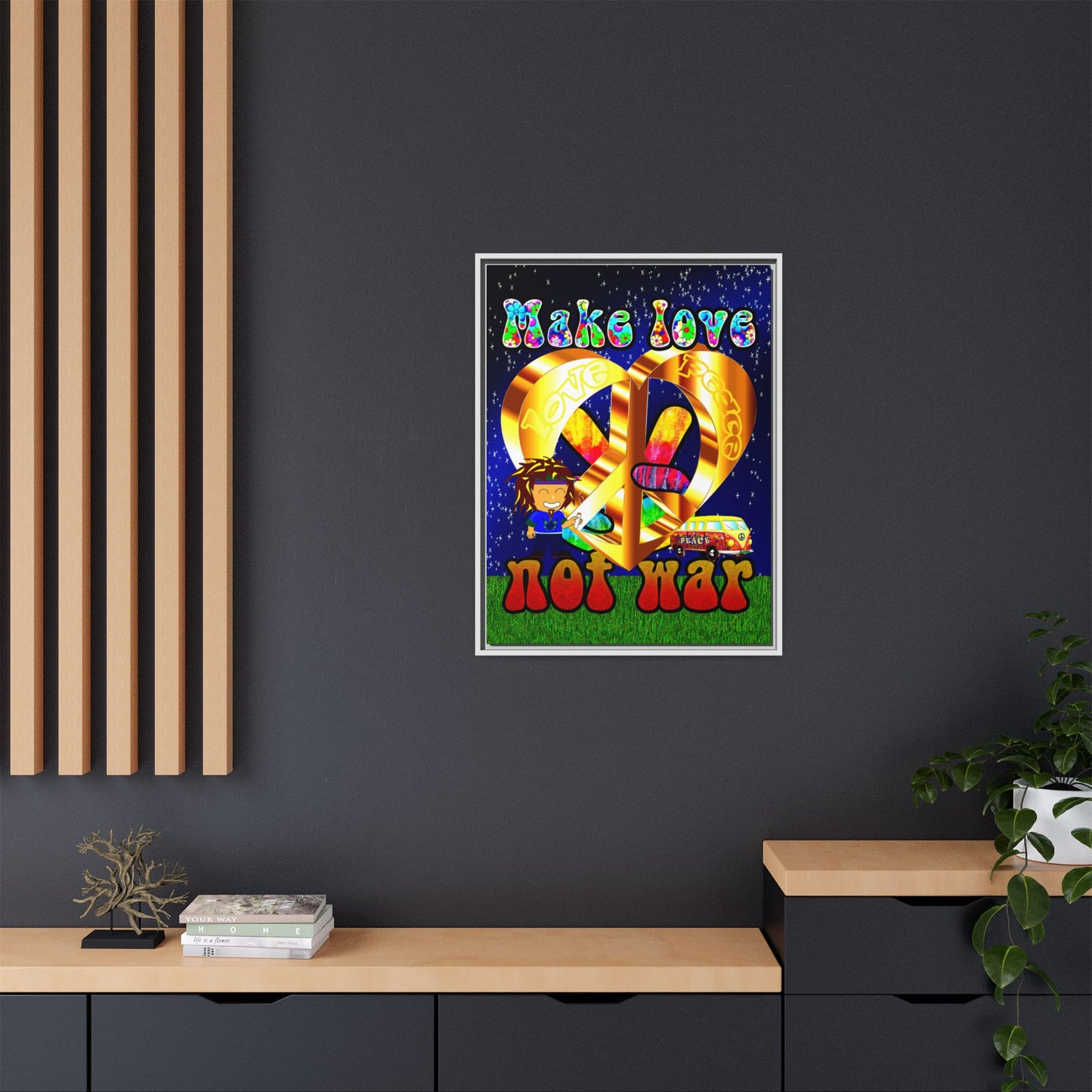 love peace - framed canvas art ('snoops' background)