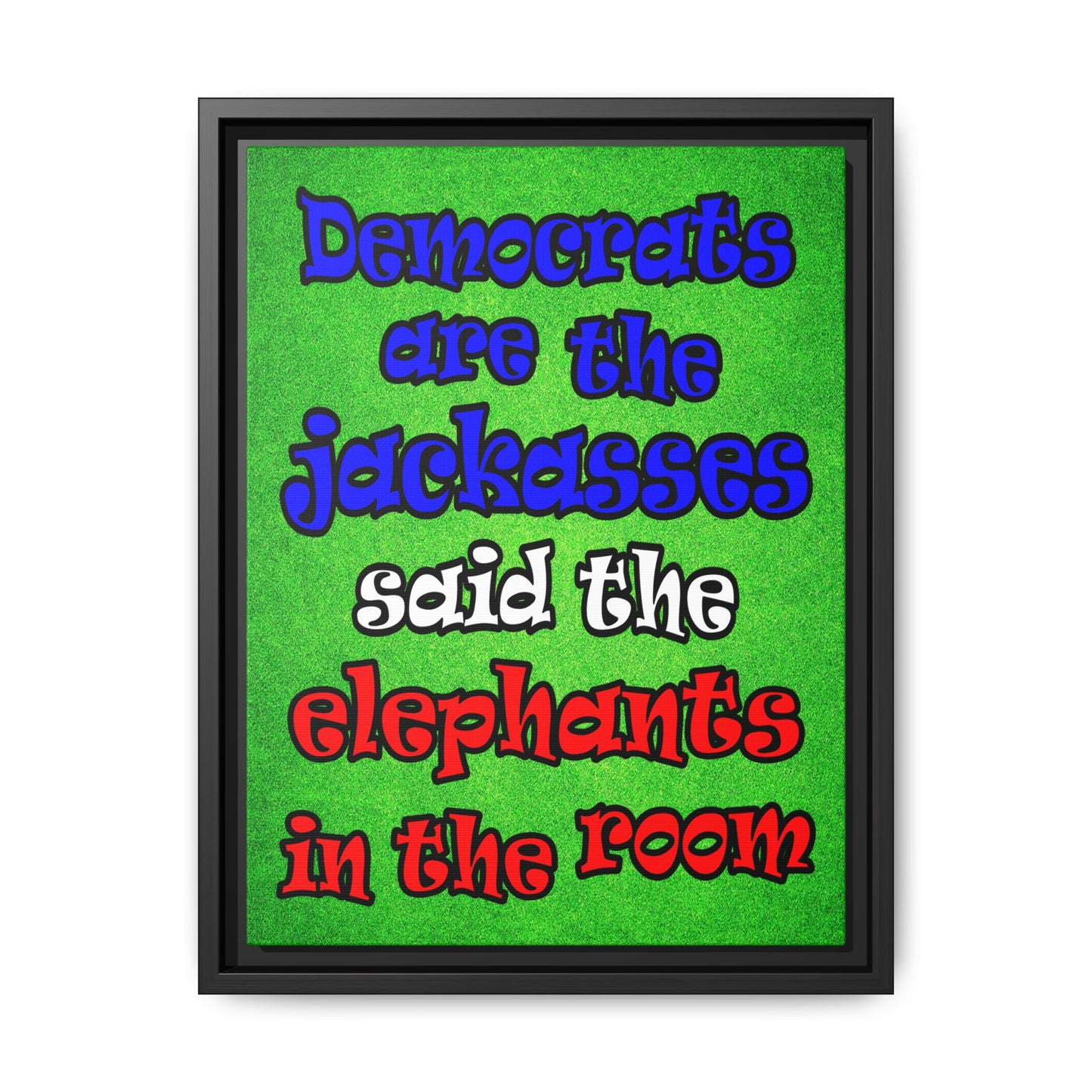 donkeys and elephants - framed canvas art (green turf)