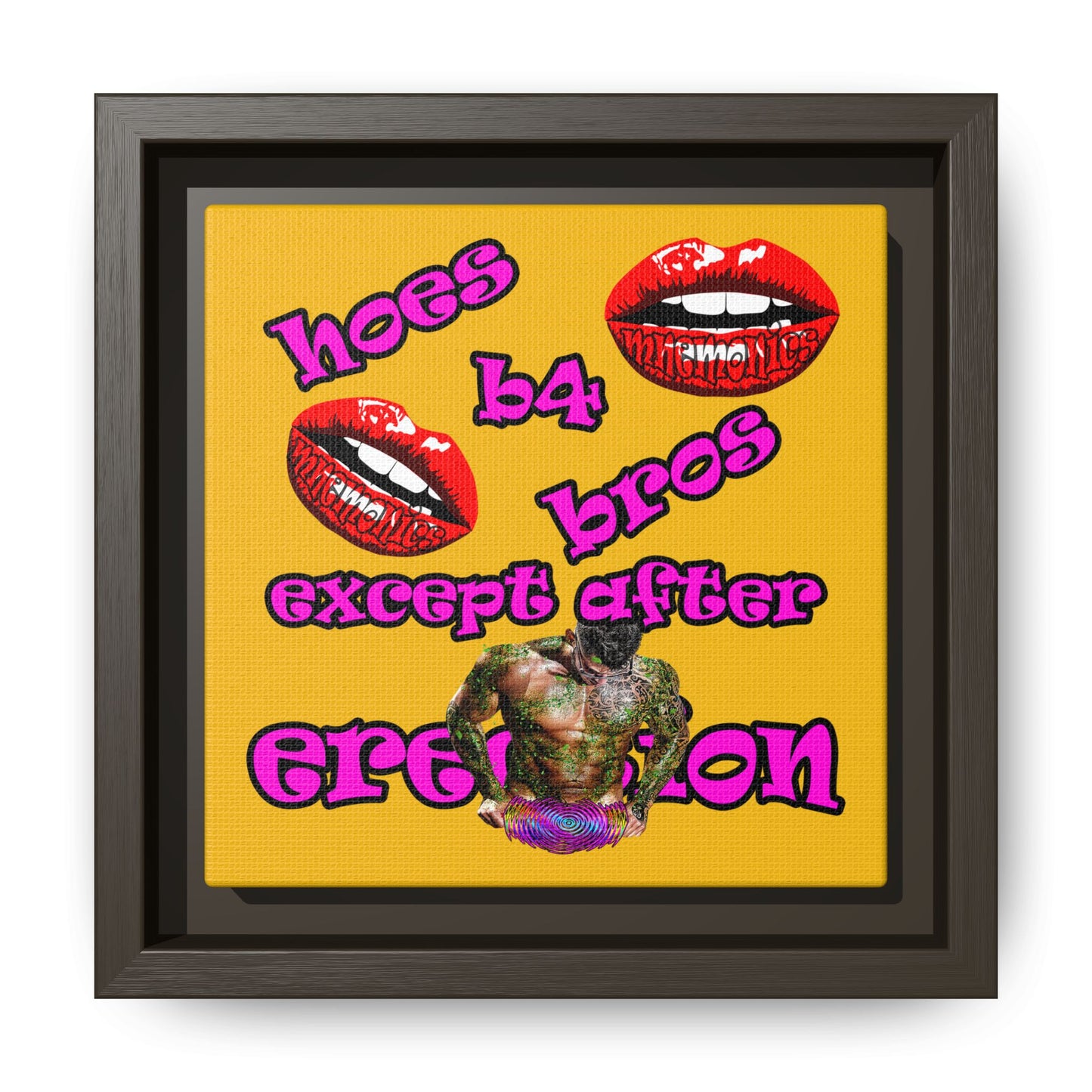 hoes b4 bros - framed canvas art (yellow)