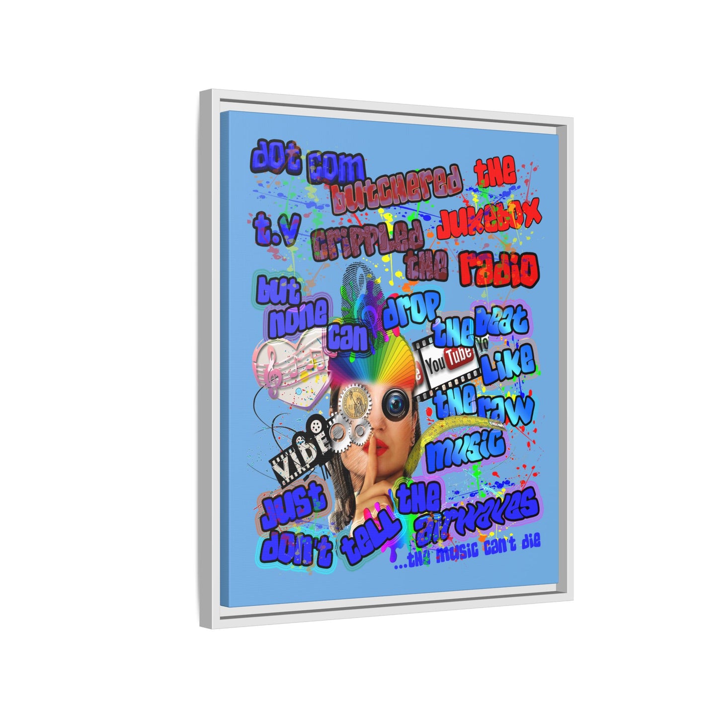 drop the beat - framed canvas art (light blue)
