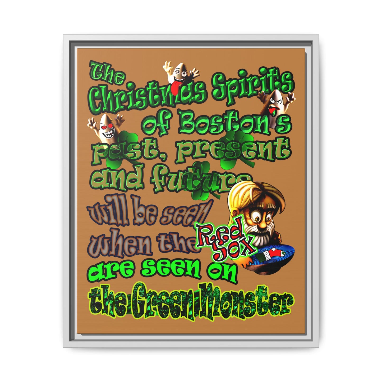 christmas spirits of boston - framed canvas art (light brown)