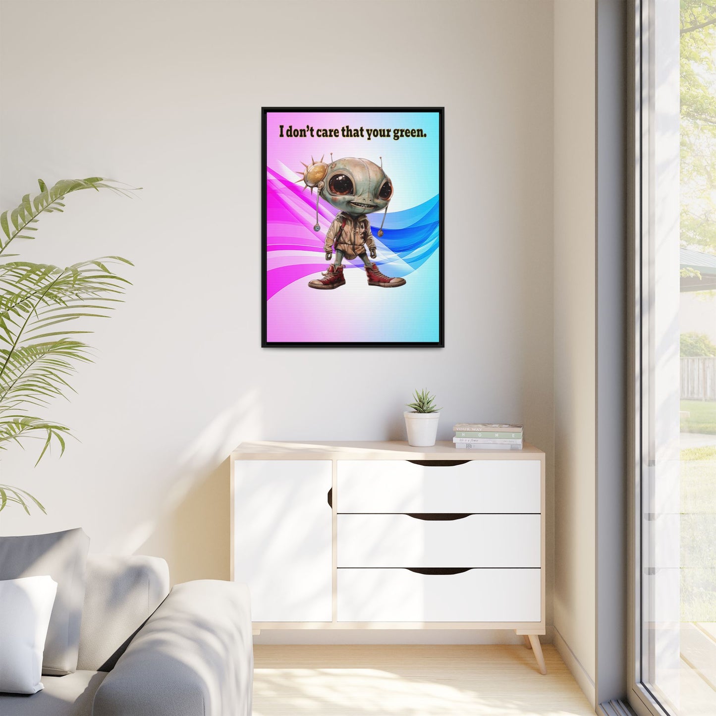 I don't care that your green - framed canvas art (light blue-pink wave)