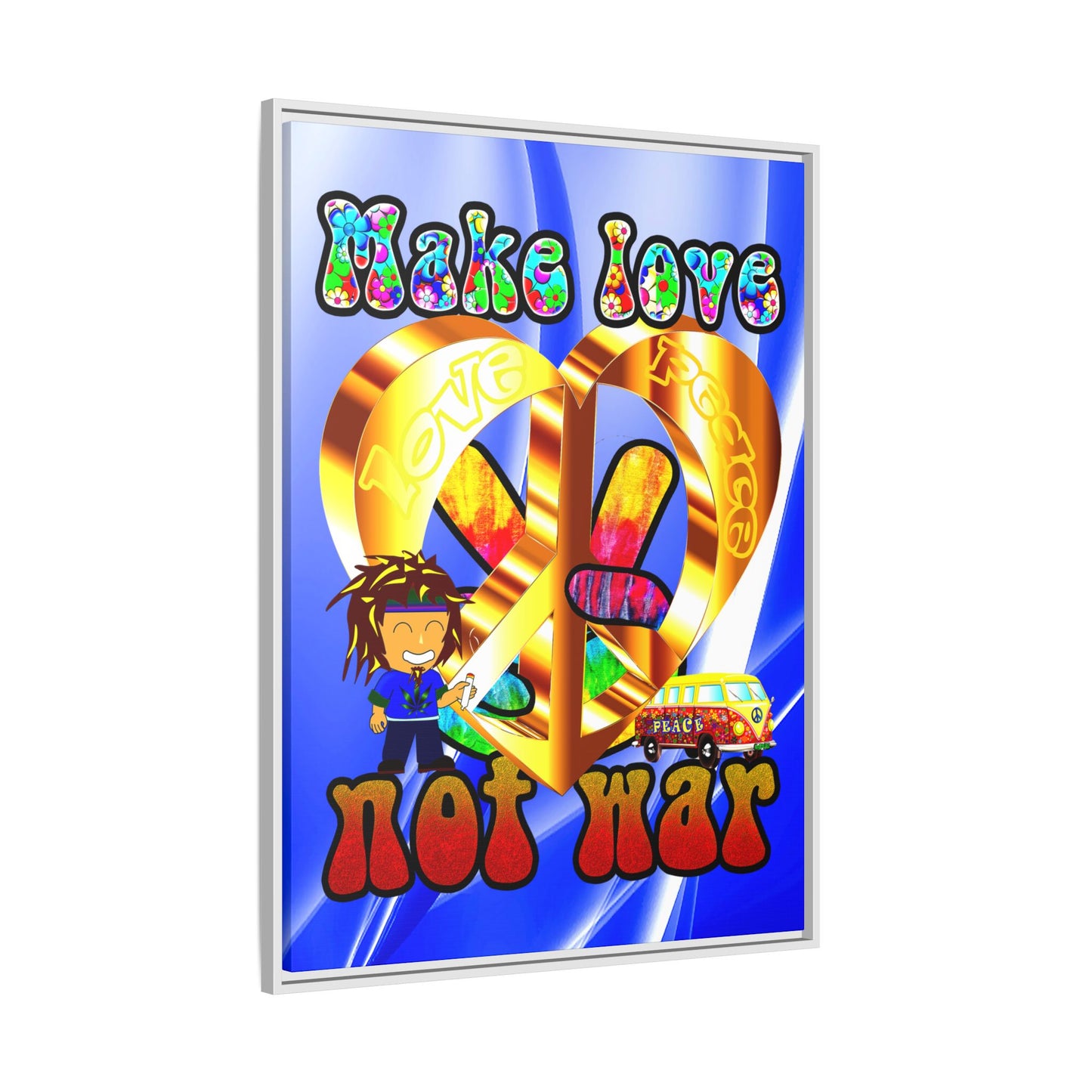 love peace - framed canvas art (blue-white wave)