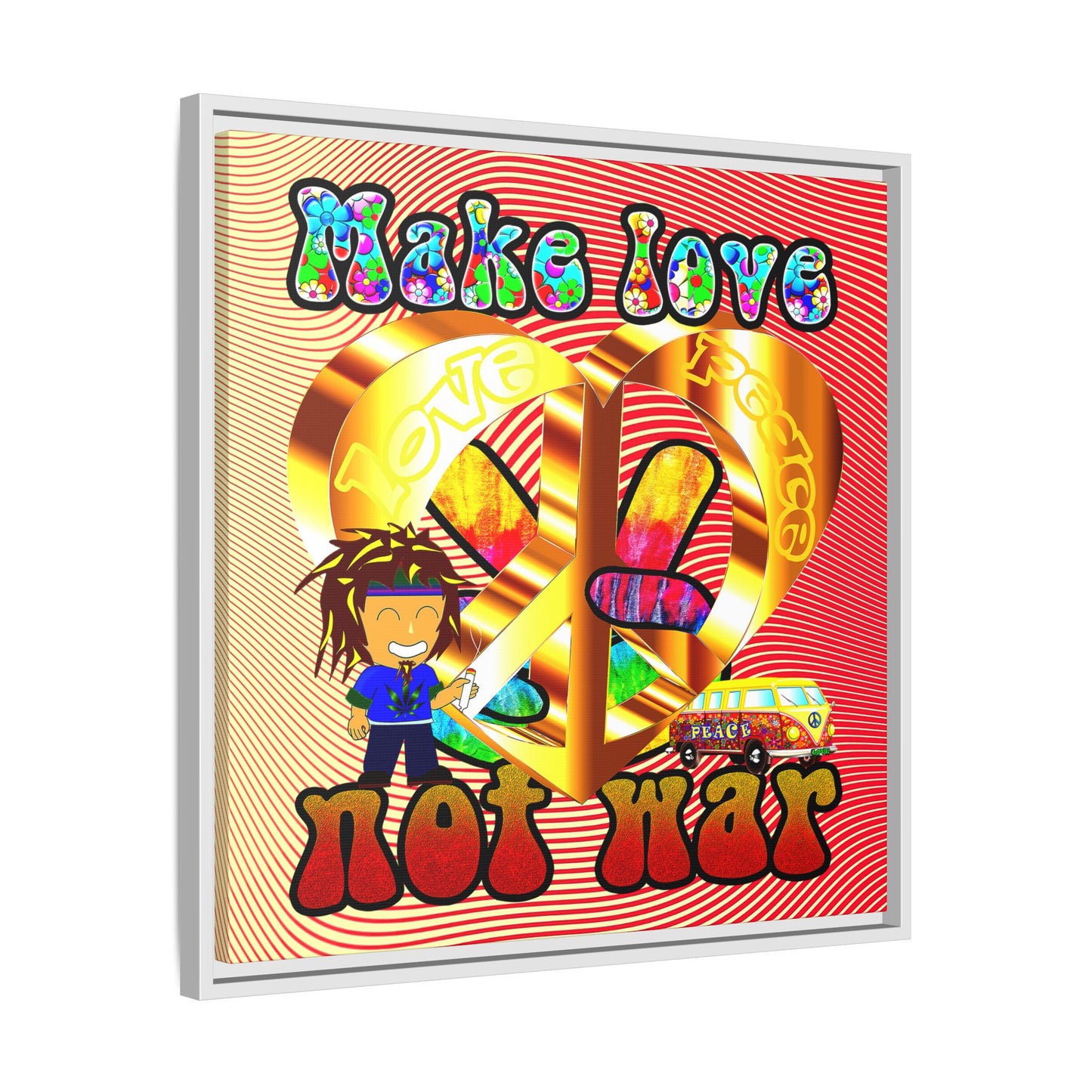 love peace - framed canvas art (yellow-orange wave)