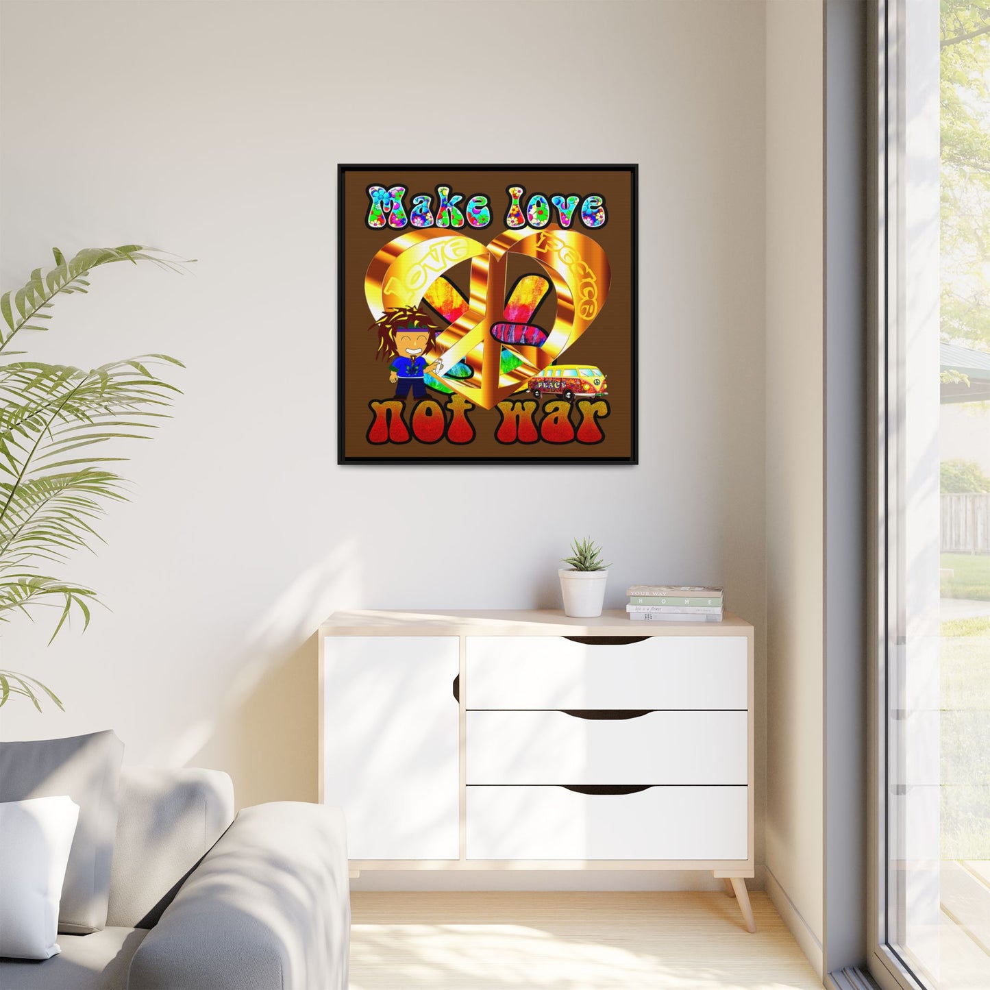 love peace - framed canvas art (brown)
