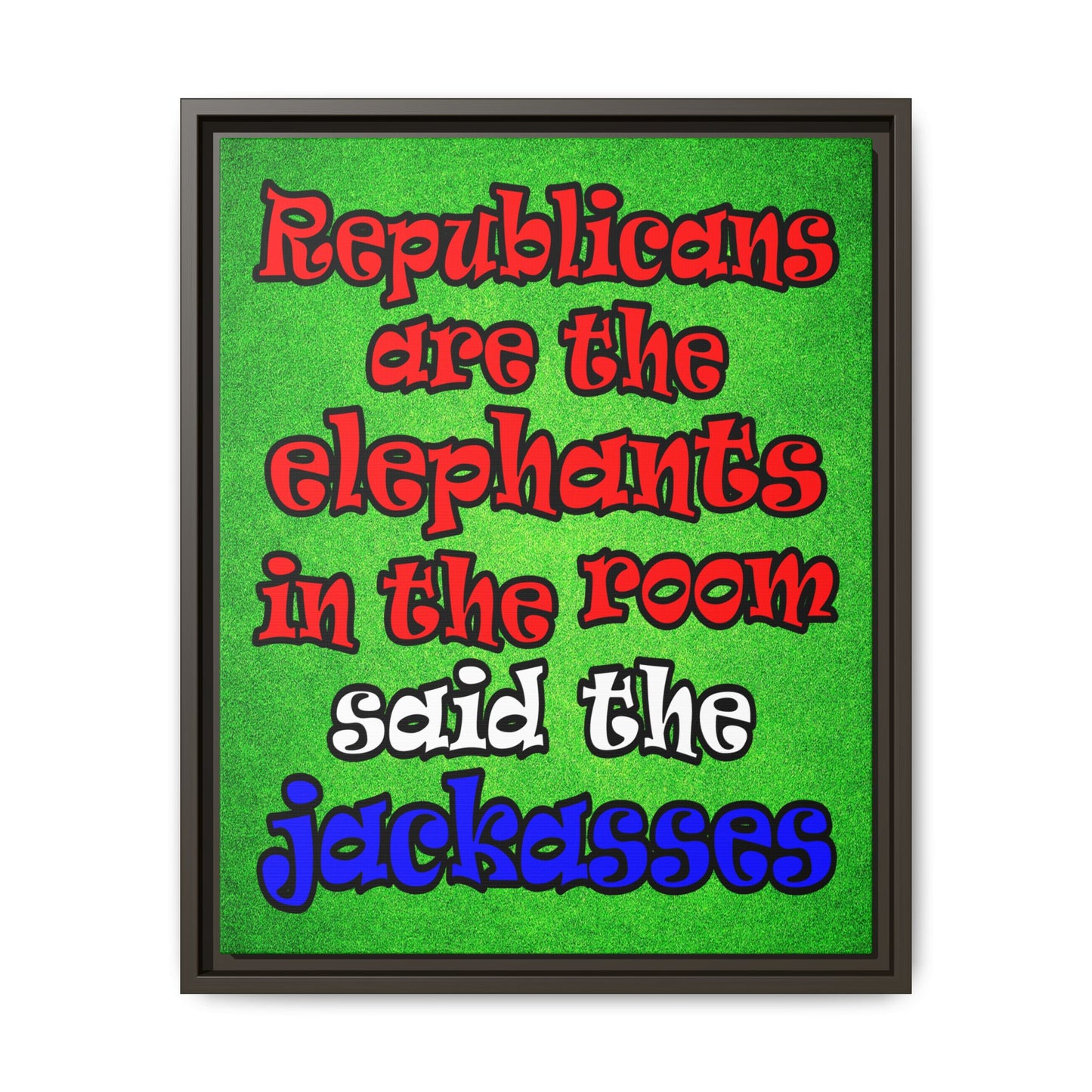 donkeys and elephants - framed canvas art (green turf)