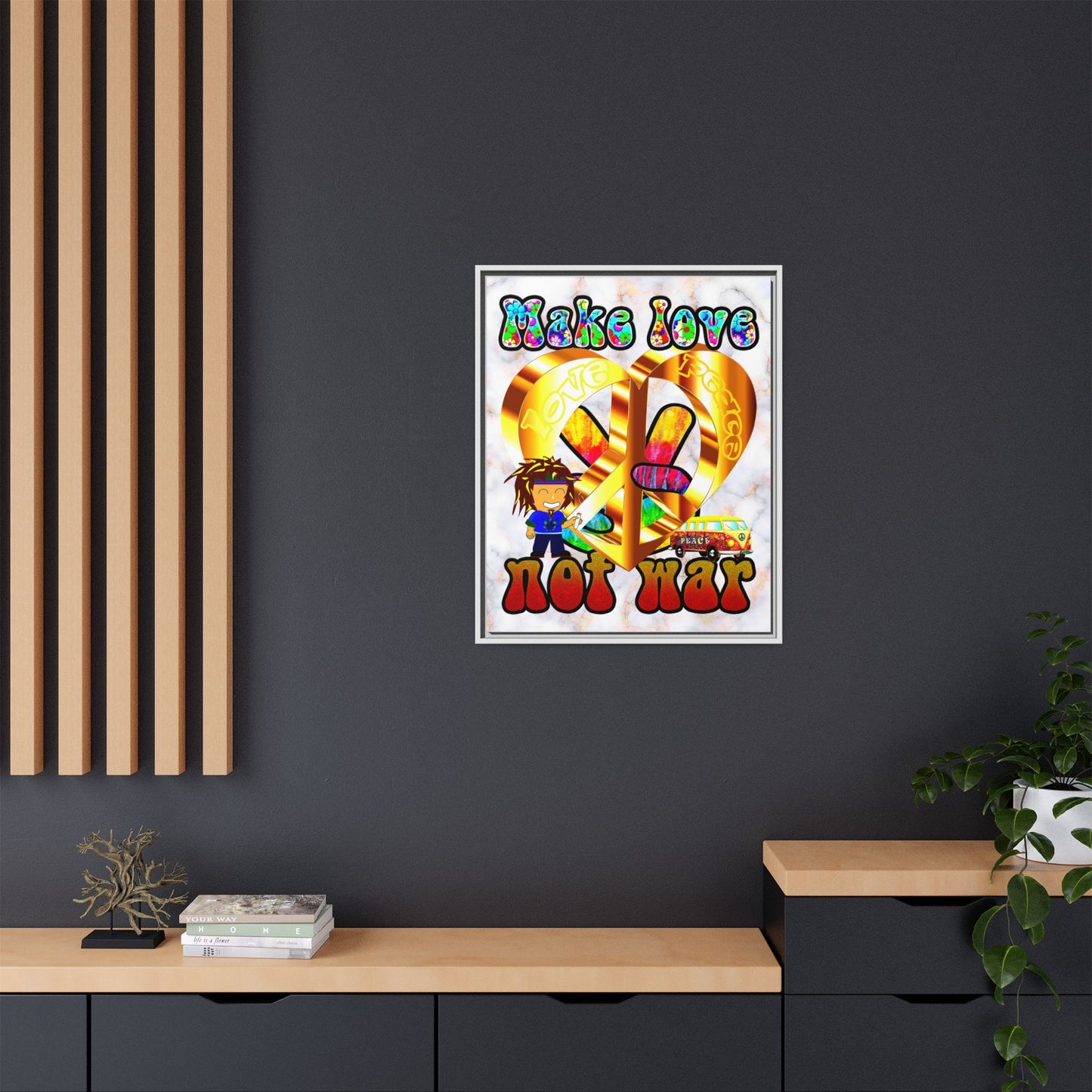 love peace - framed canvas art (white marble)