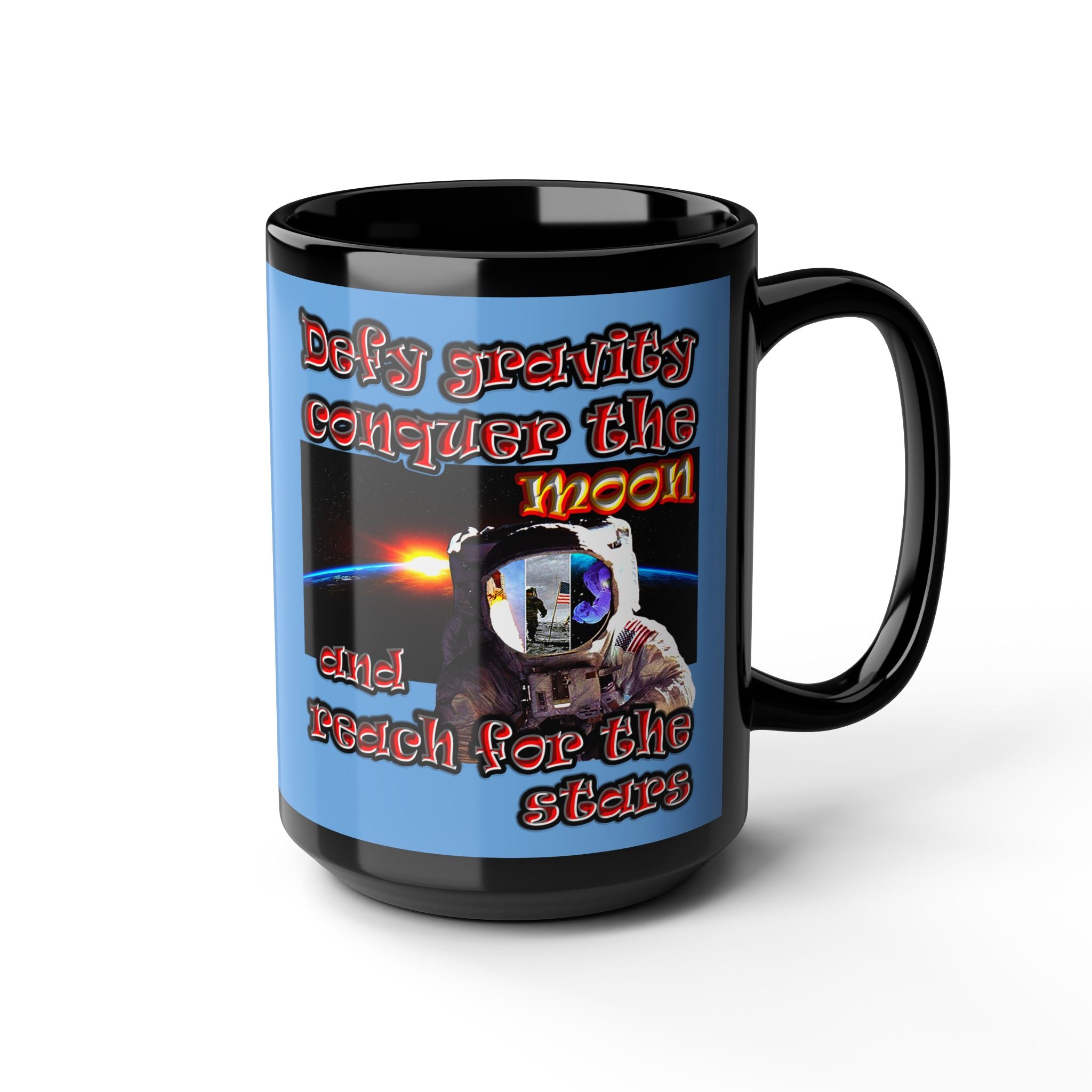 defy conquer reach - Black Mug (light blue)