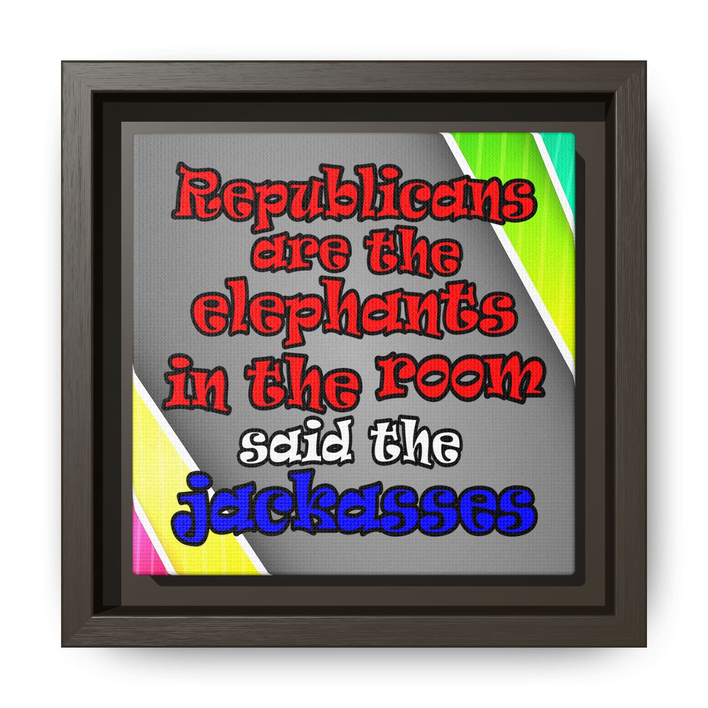 donkeys and elephants - framed canvas art (rainbow split)