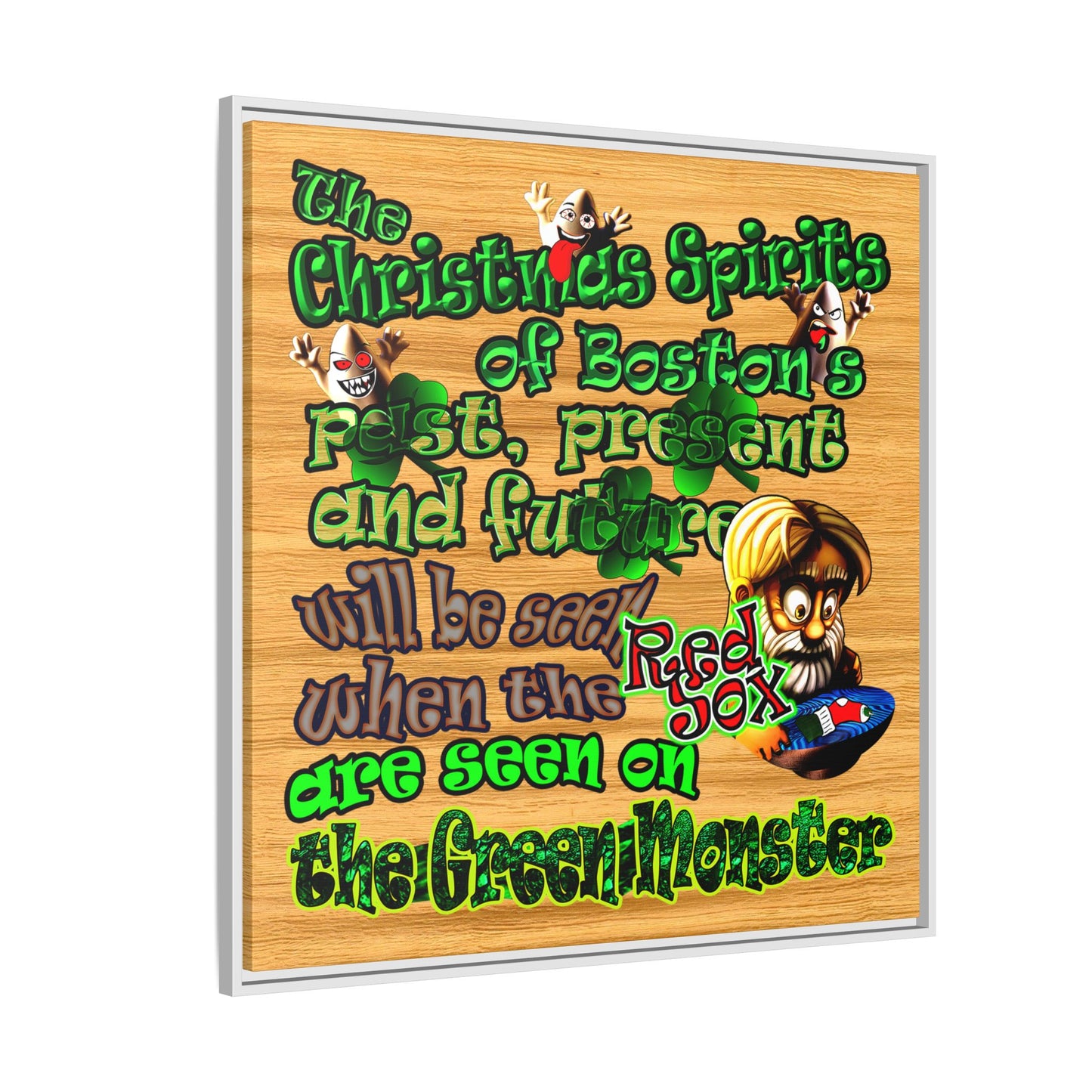 christmas spirits of boston - framed canvas art (butterscotch wood finish)