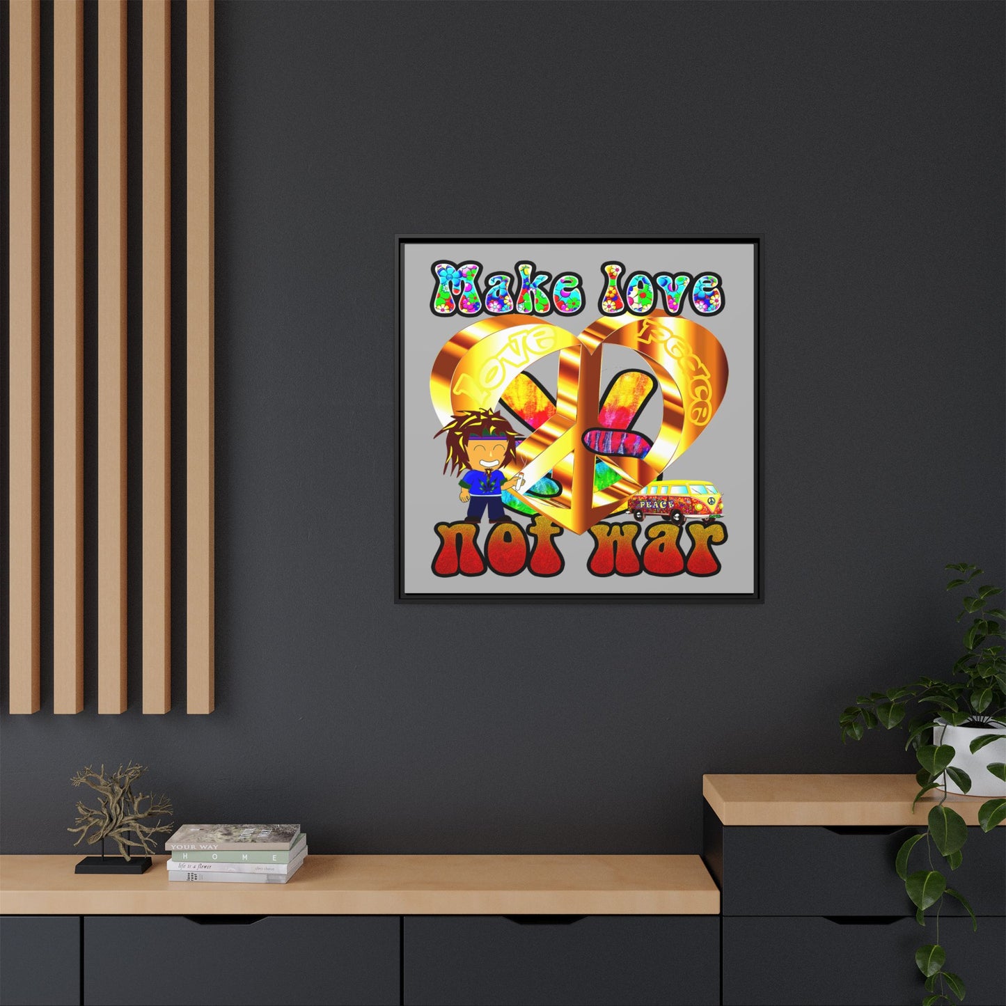 love peace - framed canvas art (light grey)