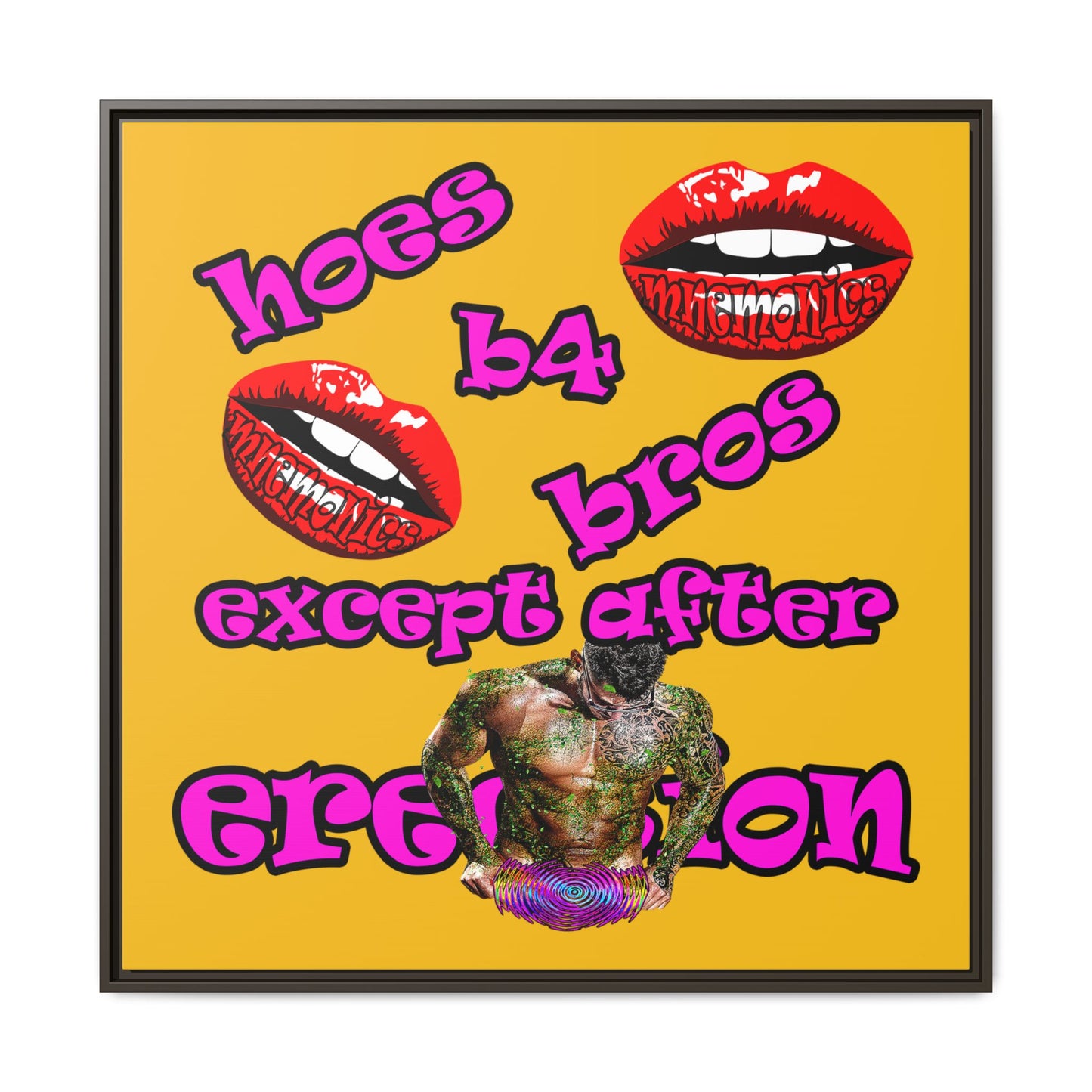 hoes b4 bros - framed canvas art (yellow)