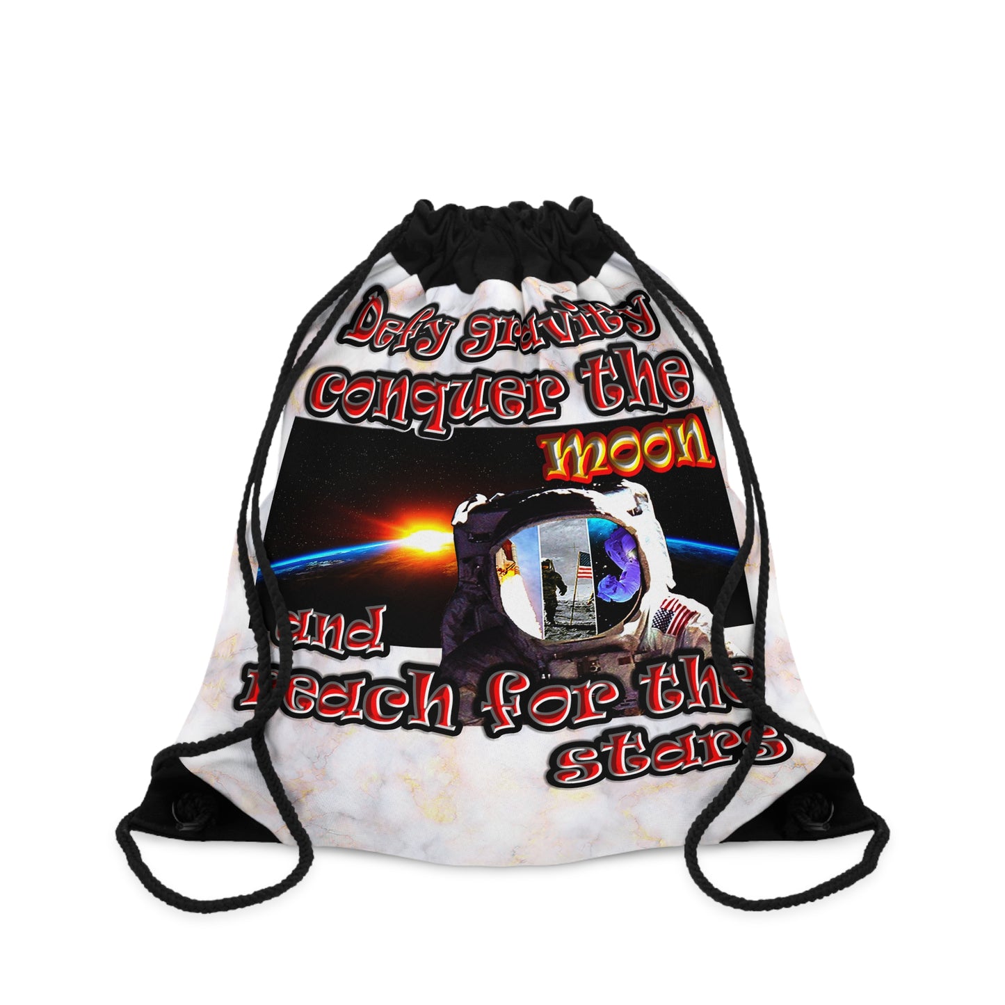 defy conquer reach - Drawstring Bag (white marble)