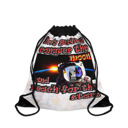 defy conquer reach - Drawstring Bag (white marble)