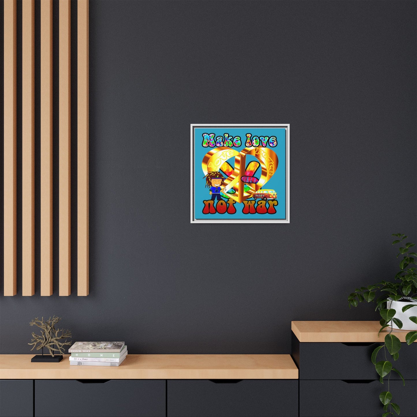 love peace - framed canvas art (turquoise)