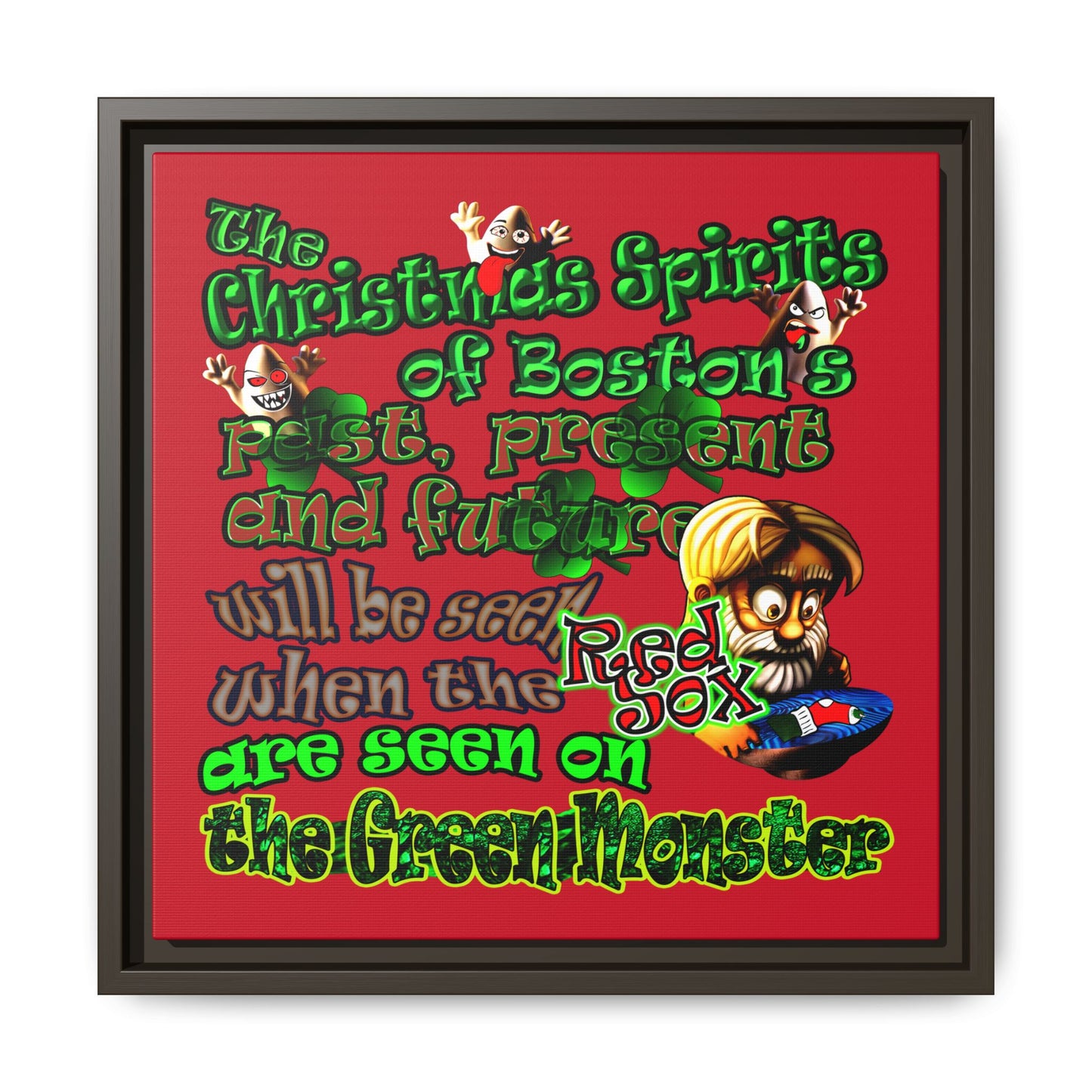 christmas spirits of boston - framed canvas art (dark red)