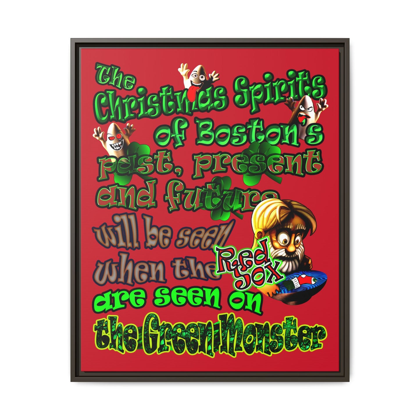 christmas spirits of boston - framed canvas art (dark red)