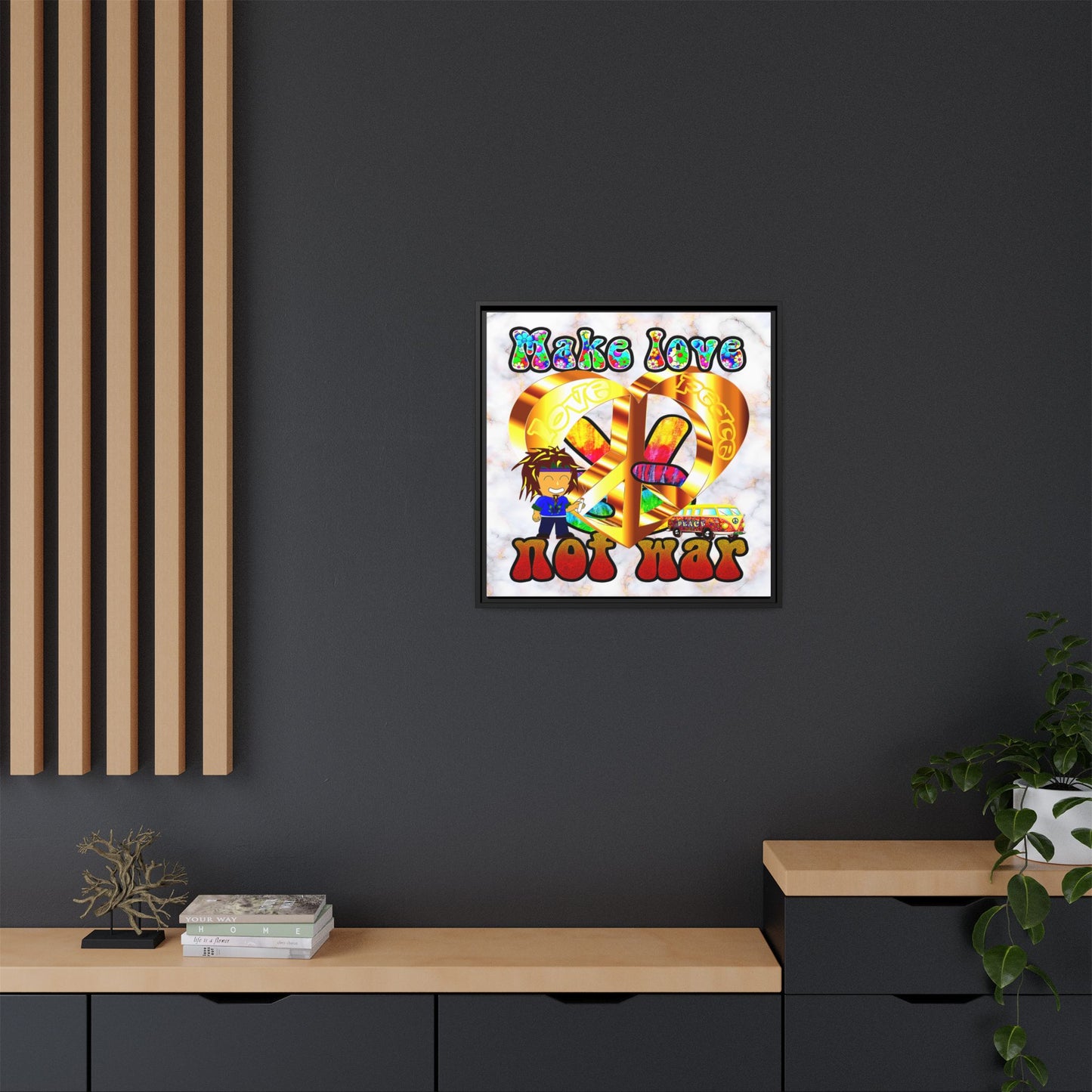 love peace - framed canvas art (white marble)