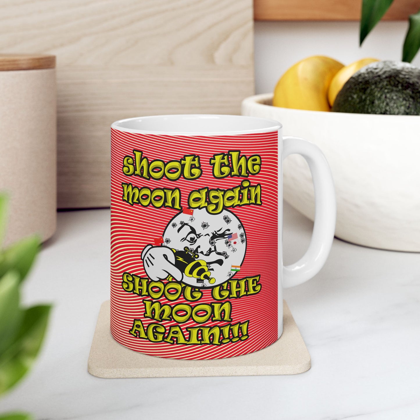 shoot the moon again - White Mug (yellow-orange wave)