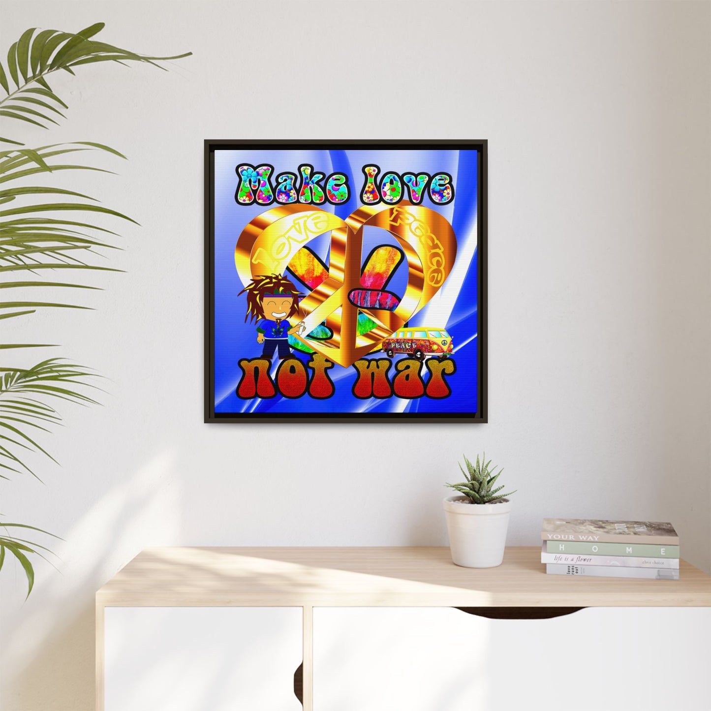 love peace - framed canvas art (blue-white wave)