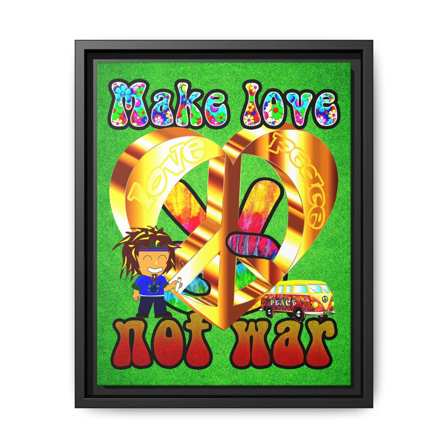 love peace - framed canvas art (green turf)