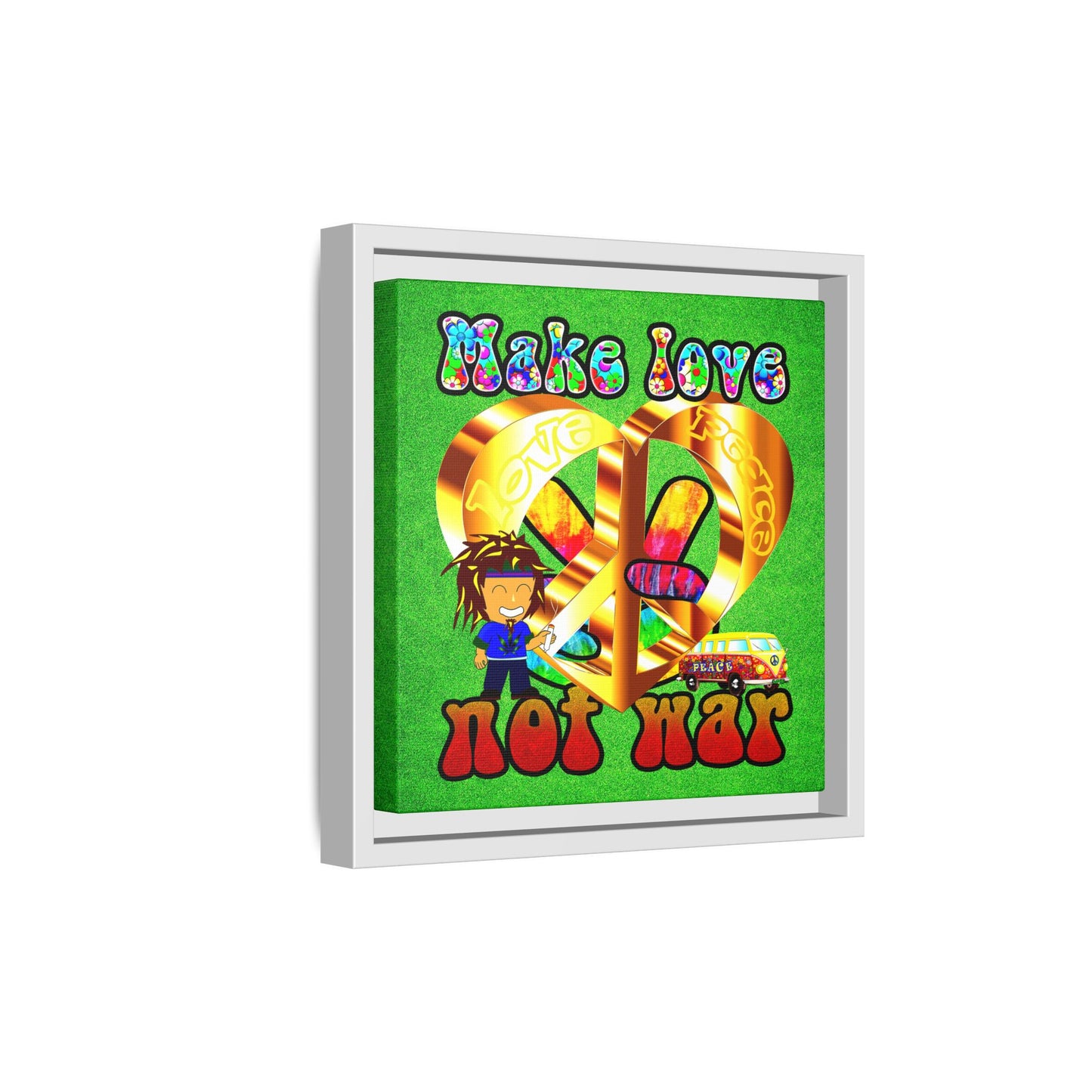 love peace - framed canvas art (green turf)