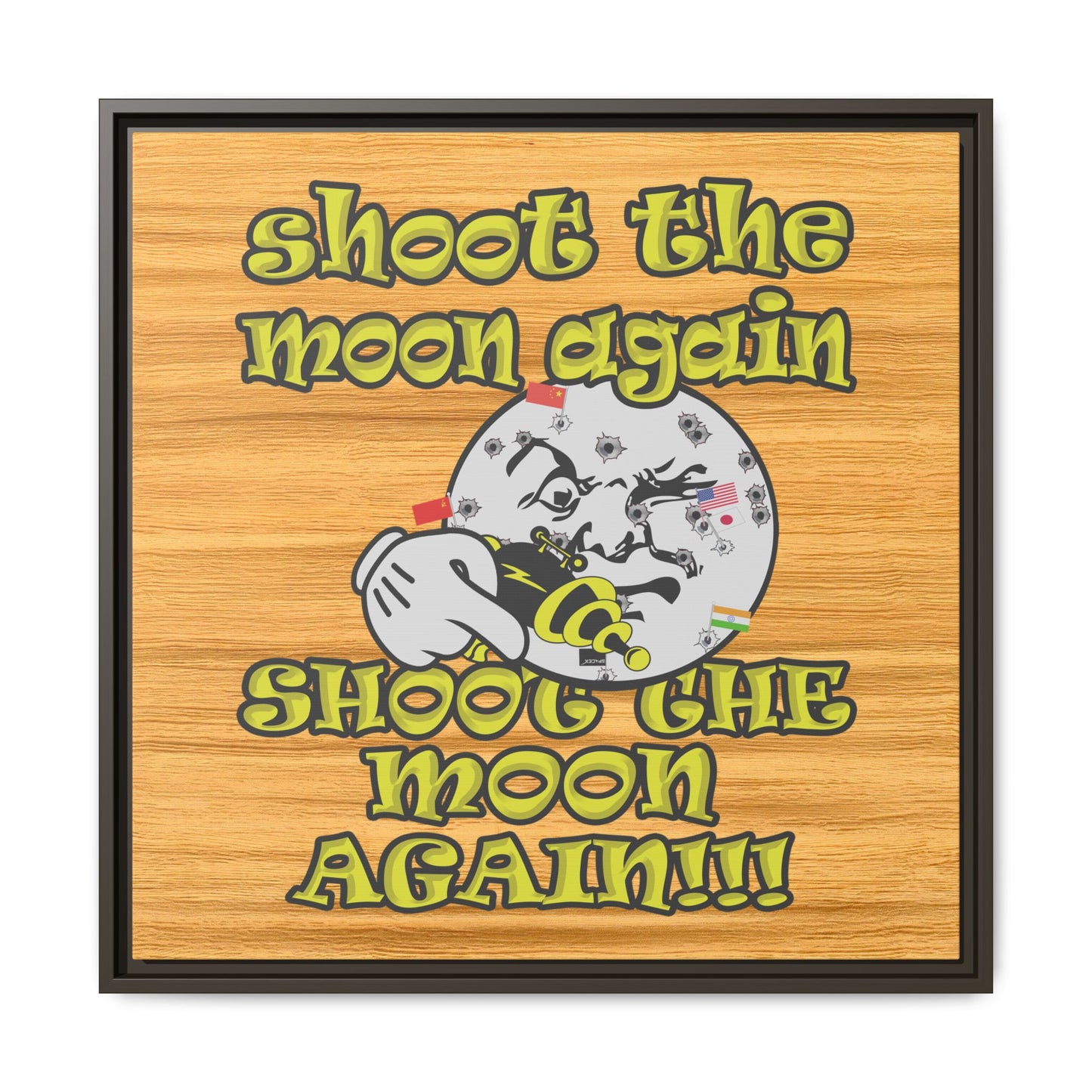 shoot the moon again - framed canvas art (butterscotch wood finish)