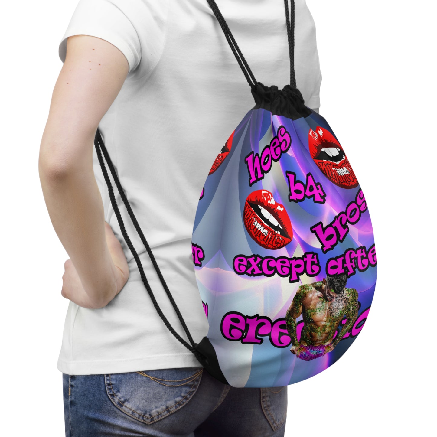 hoes b4 bros - Drawstring Bag (grey-pink wave)
