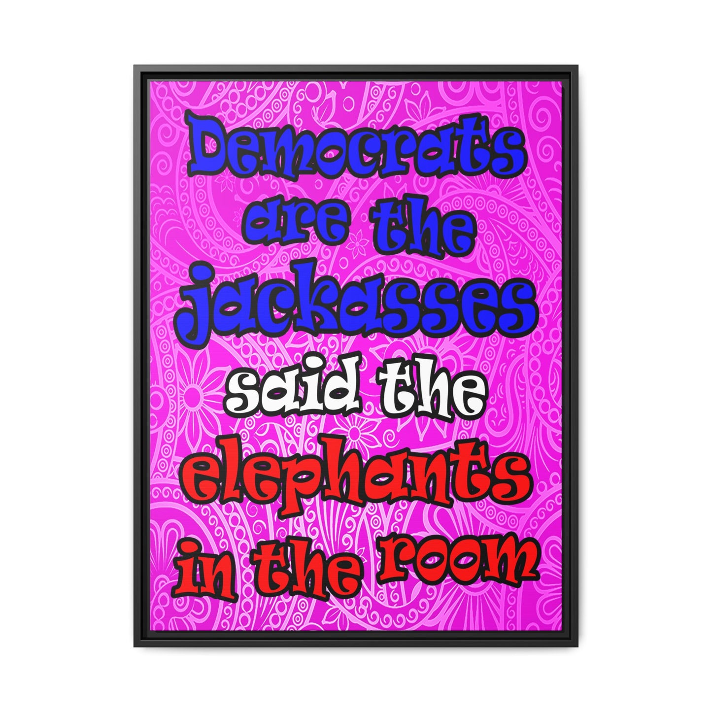 donkeys and elephants - framed canvas art (pink swirl)