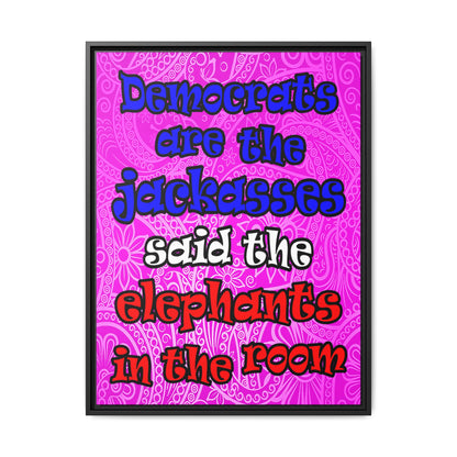 donkeys and elephants - framed canvas art (pink swirl)