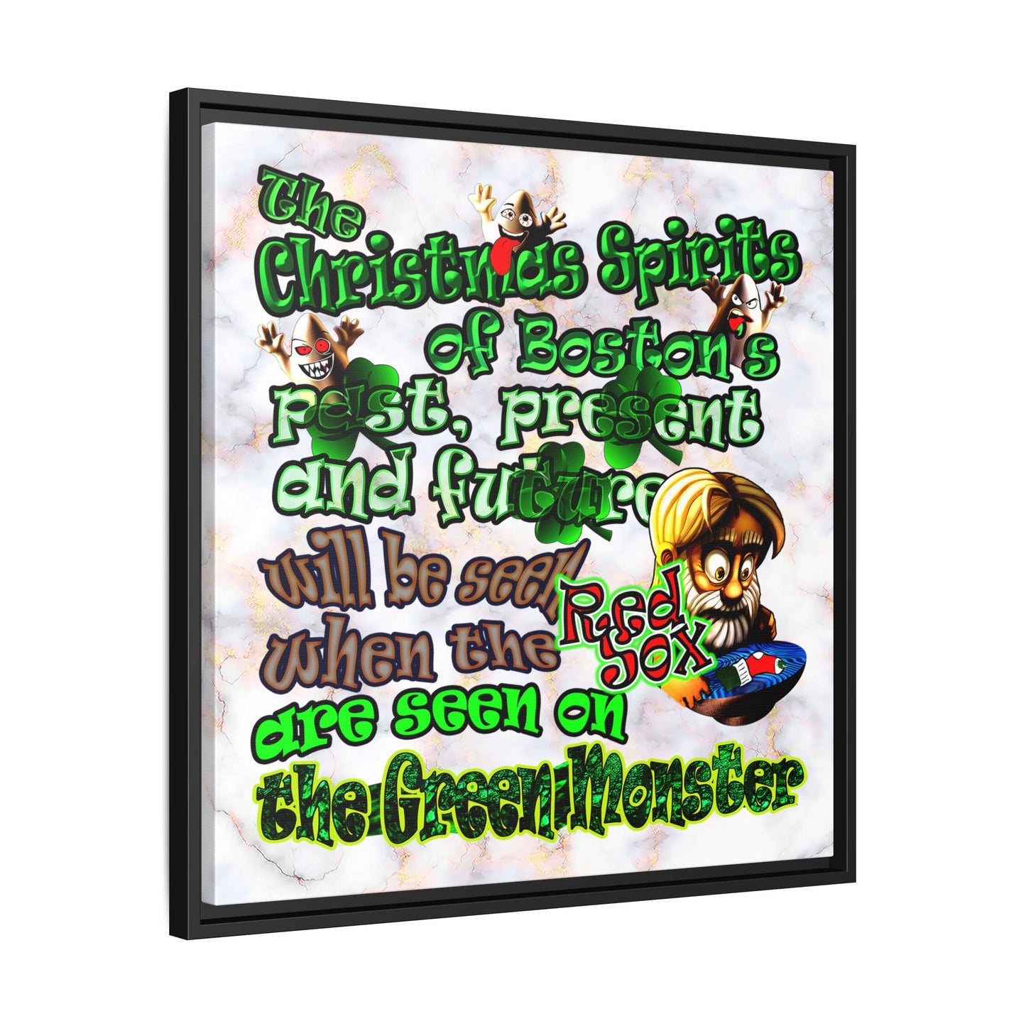 christmas spirits of boston - framed canvas art (white marble)