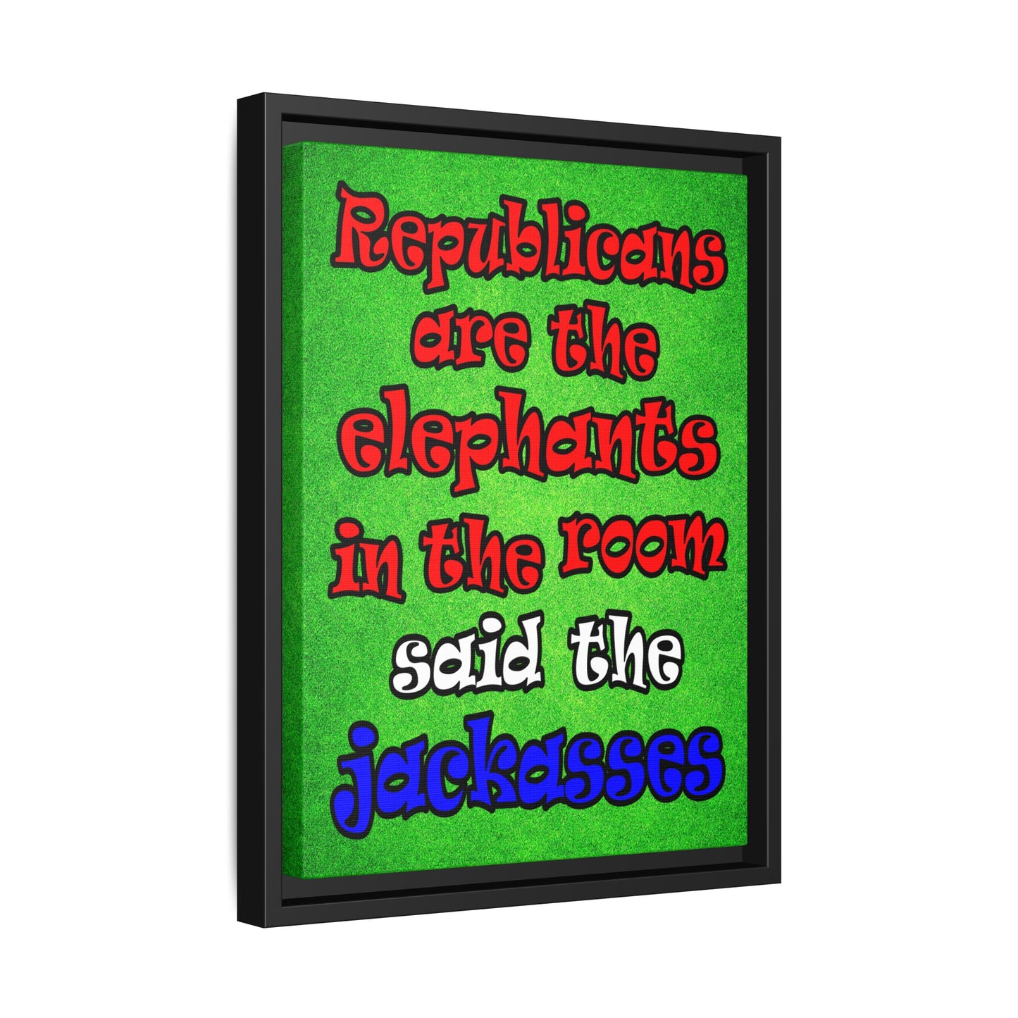 donkeys and elephants - framed canvas art (green turf)