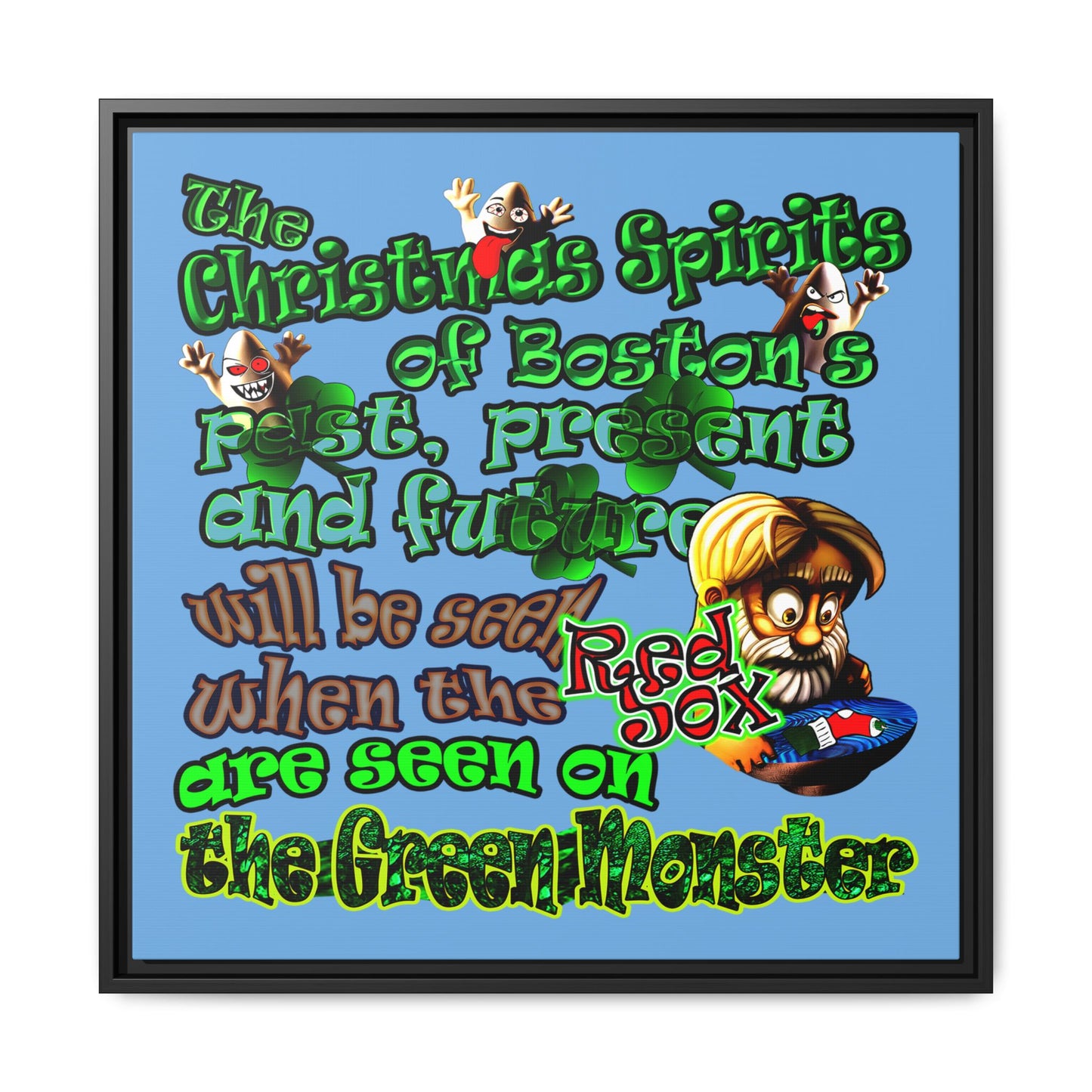 christmas spirits of boston - framed canvas art (light blue)