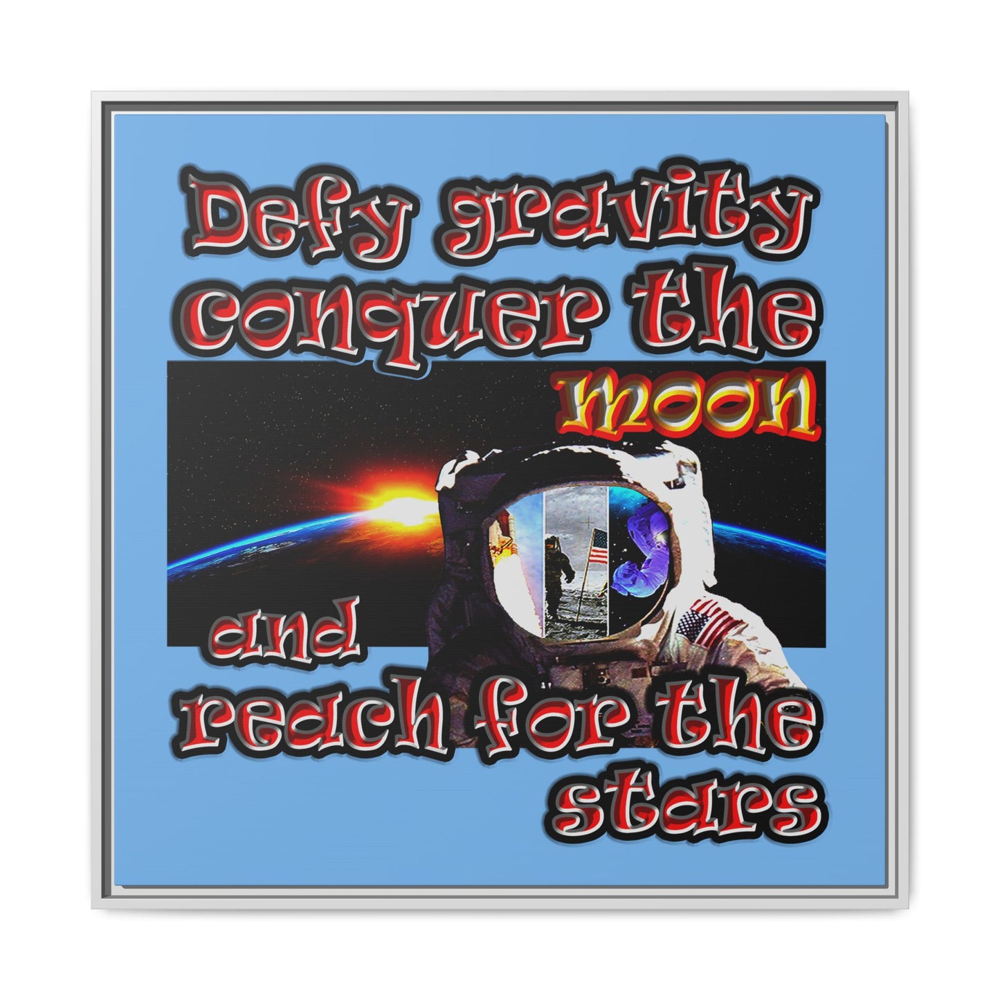 defy conquer reach - framed canvas art (light blue)