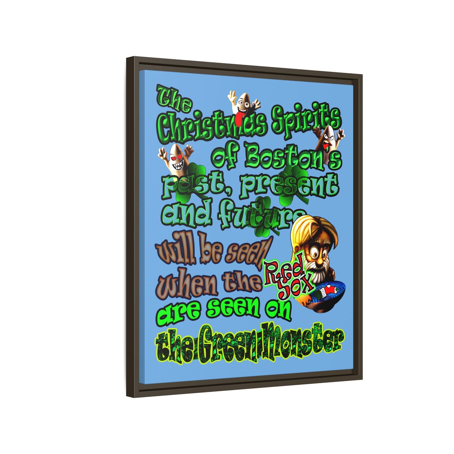 christmas spirits of boston - framed canvas art (light blue)