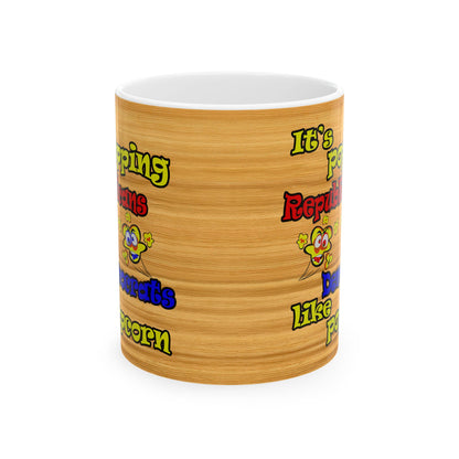 popping like popcorn - White Mug (butterscotch wood finish)