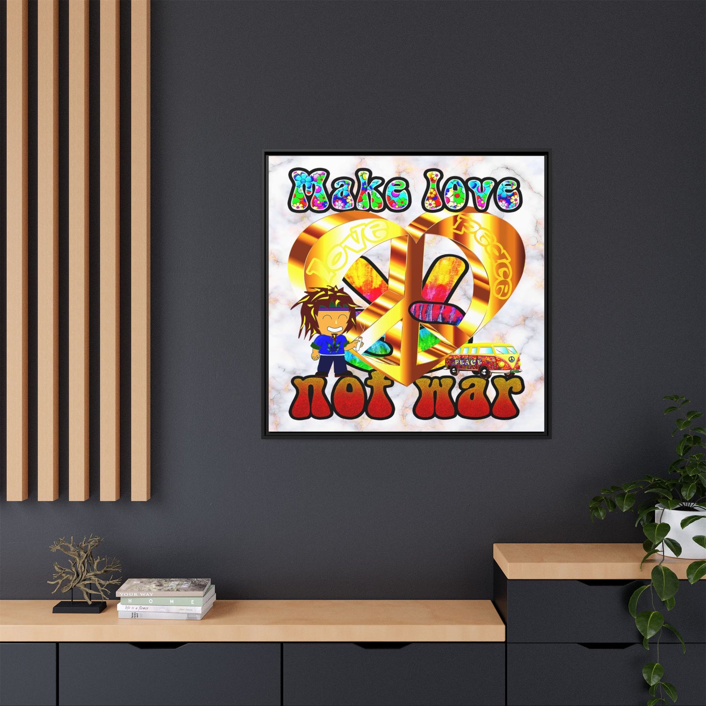 love peace - framed canvas art (white marble)