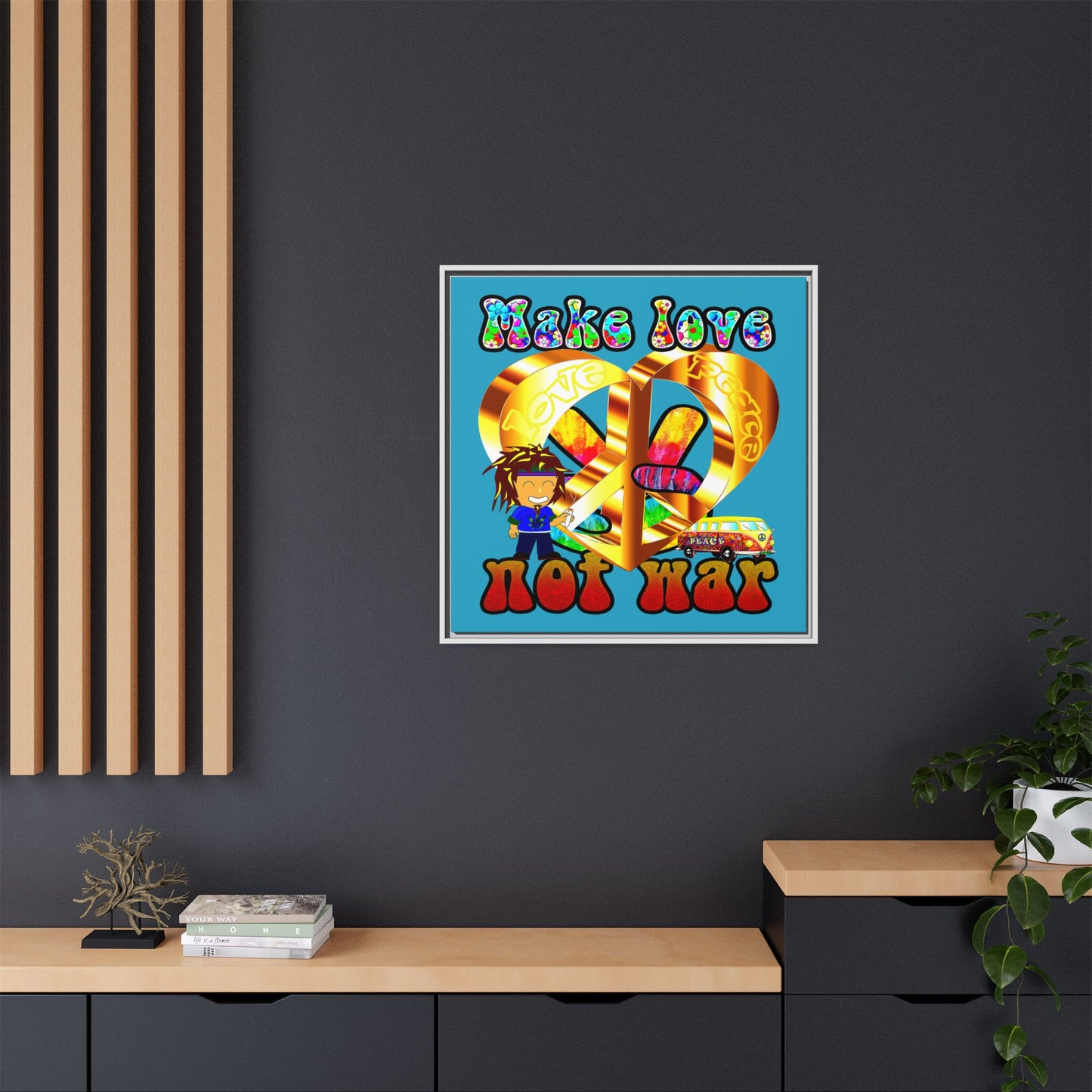 love peace - framed canvas art (turquoise)